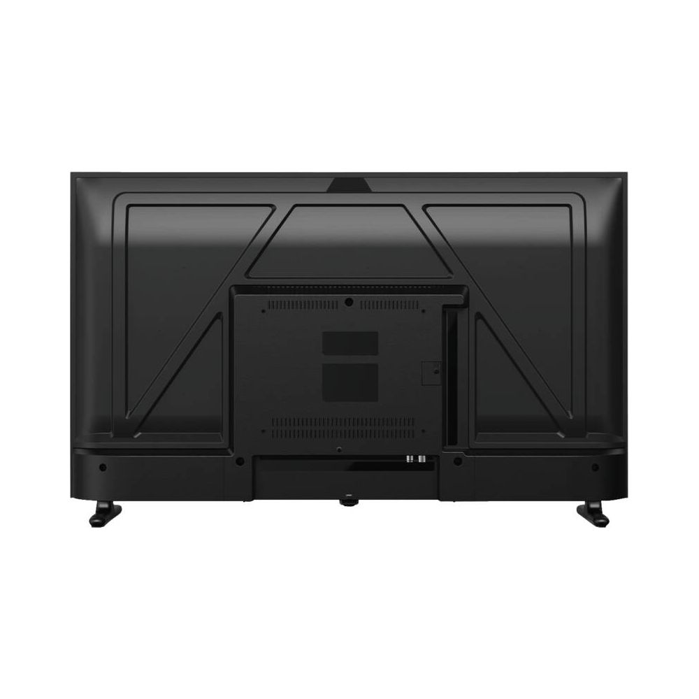 Vista posteriore di una TV a schermo piatto nera con porte visibili in basso.