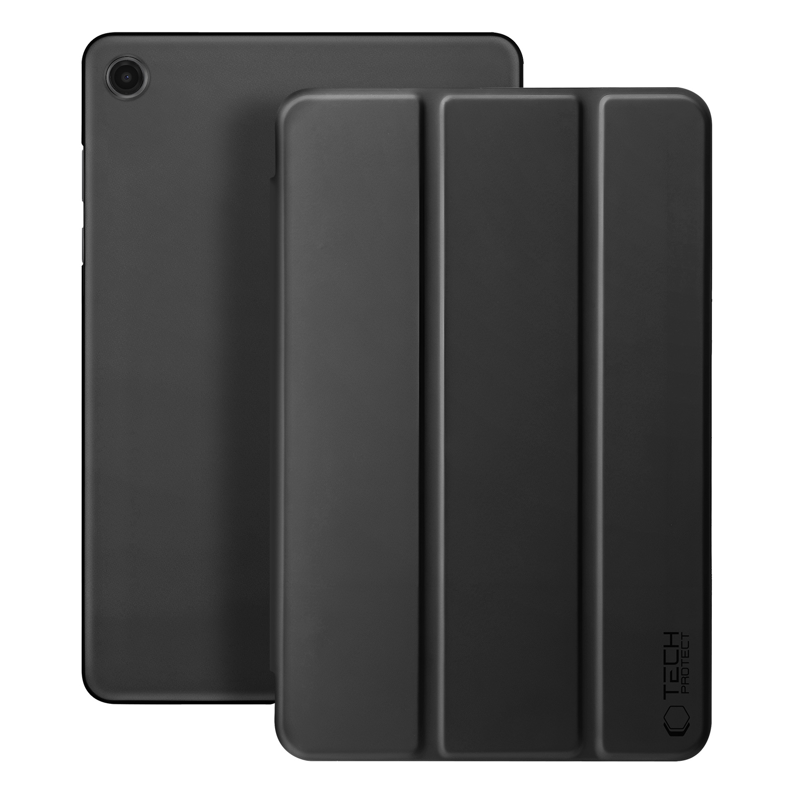 Un tablet nero con una custodia nera. La custodia ha pieghe verticali.