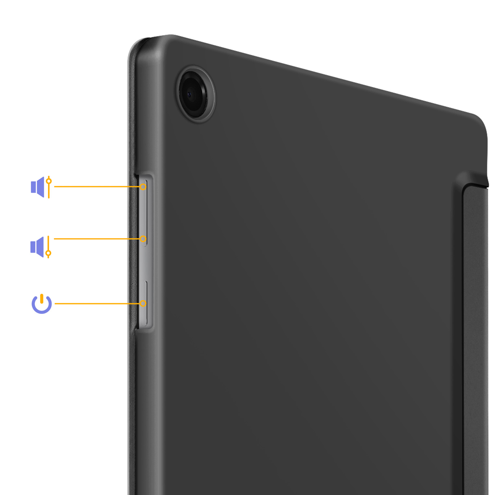 Retro di un tablet scuro con pulsanti volume e accensione visibili.