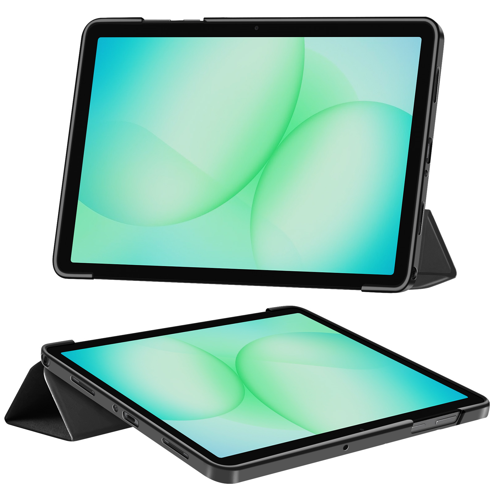 Un tablet nero in custodia con sfondo verde e blu.