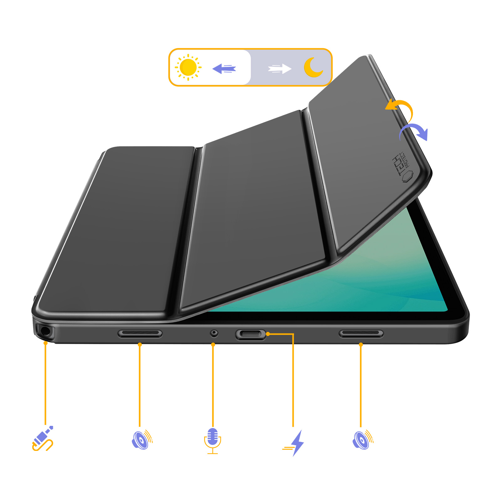 Un tablet nero con una cover a libro che mostra varie porte e icone.