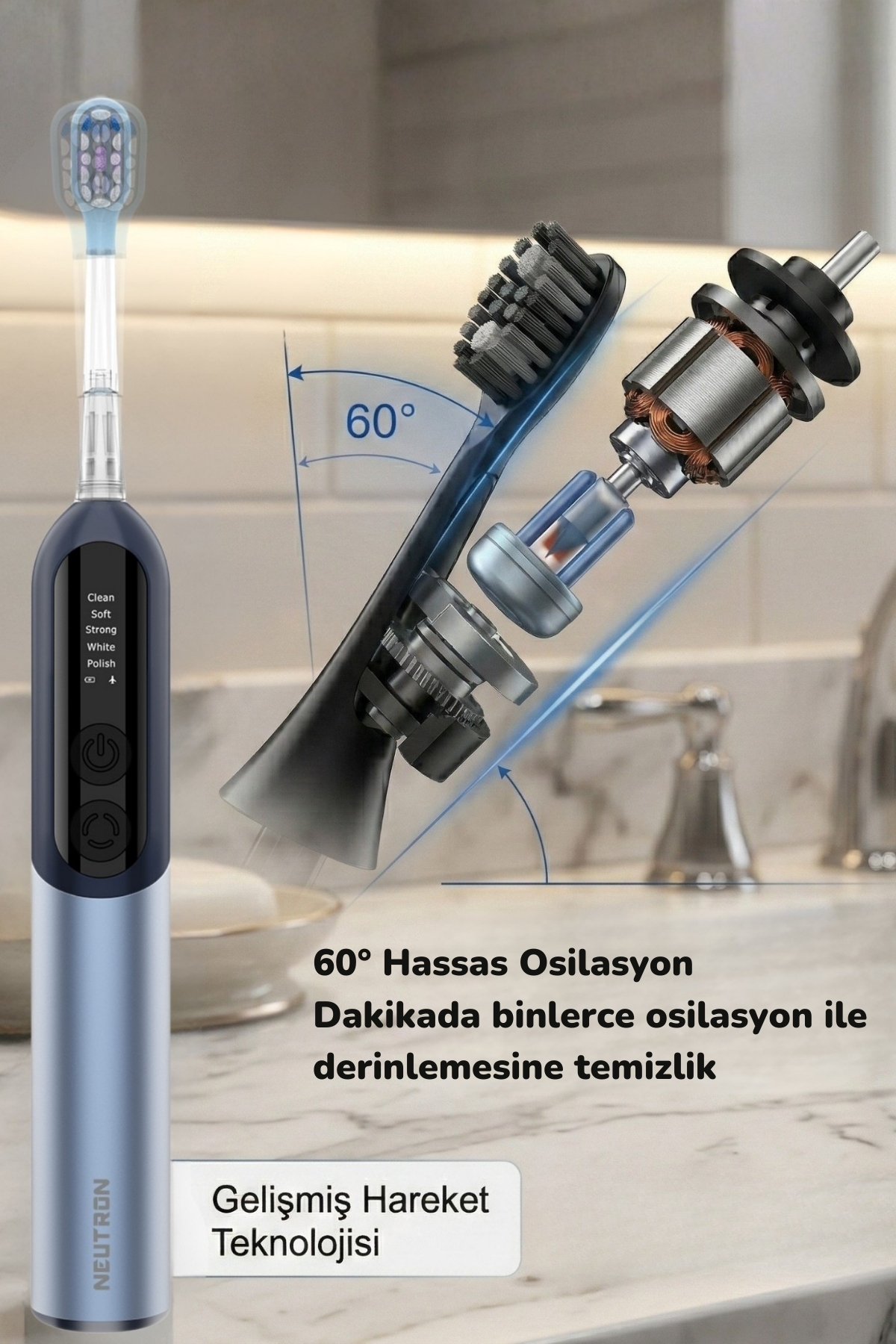 60° salınımlı ve gelişmiş hareket teknolojili elektrikli diş fırçası.