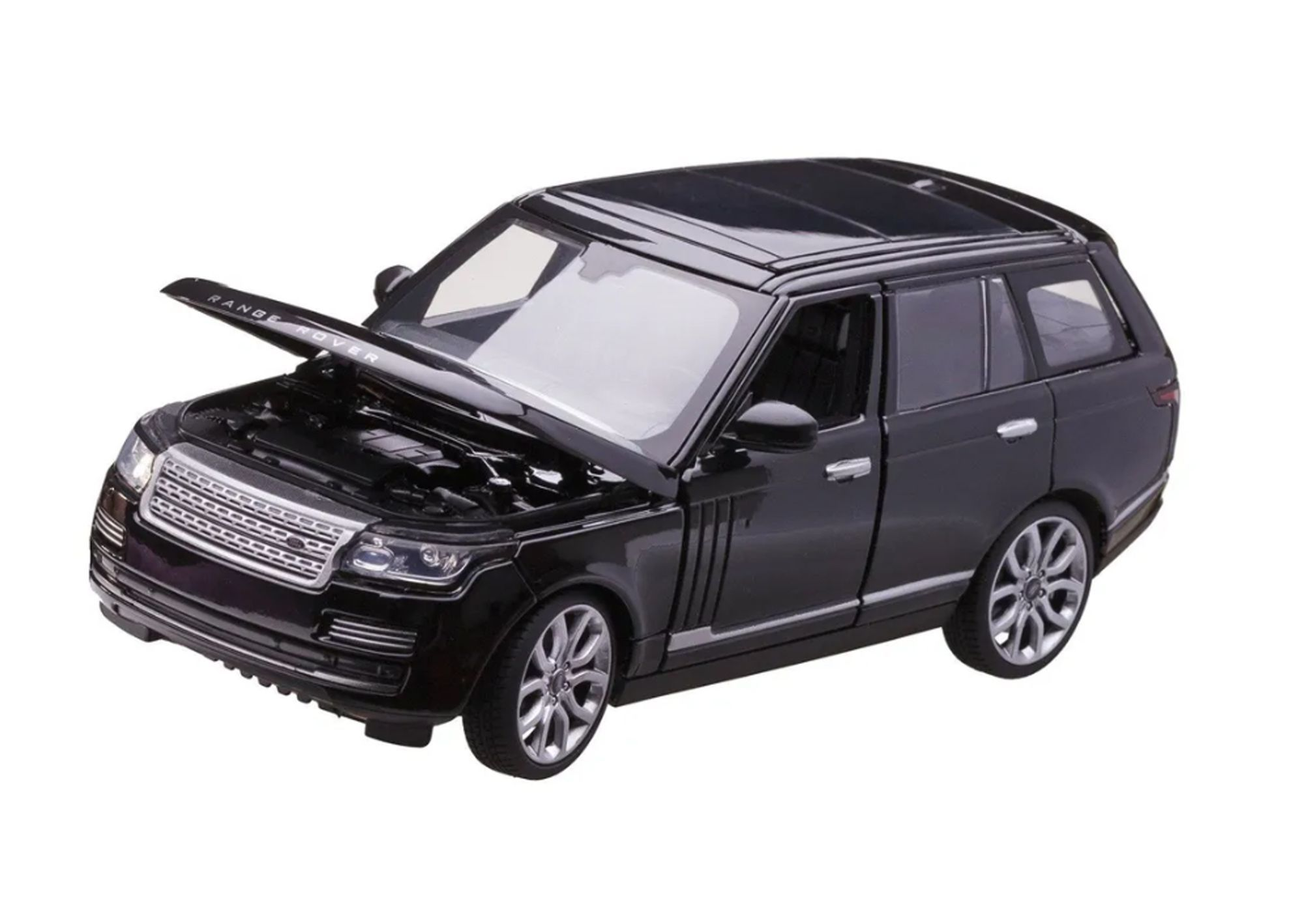 Czarny model samochodu Range Rover z otwartą maską, na białym tle.