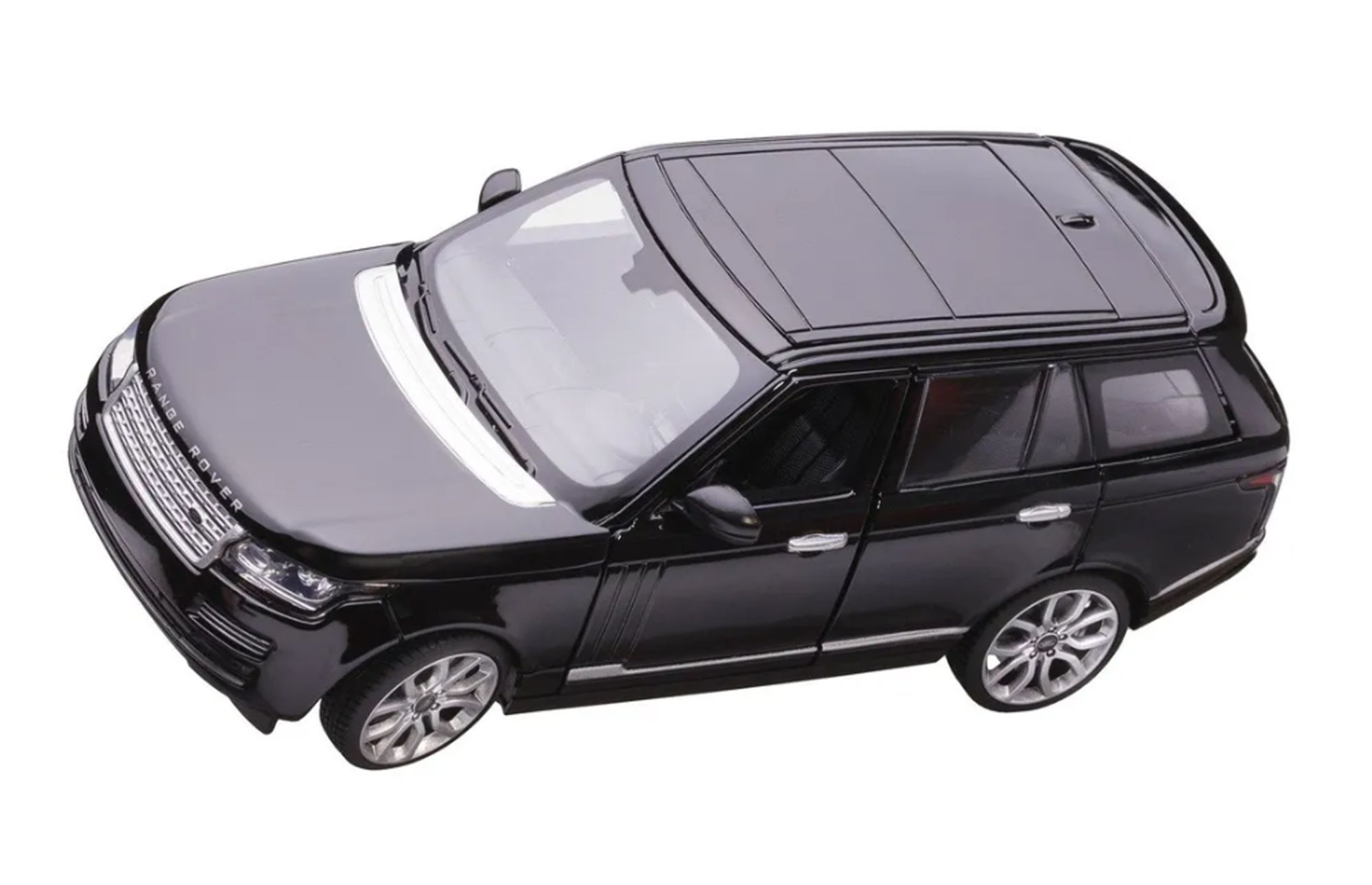 Czarny model Range Rovera, widok z góry, szczegółowe wnętrze, srebrne koła.