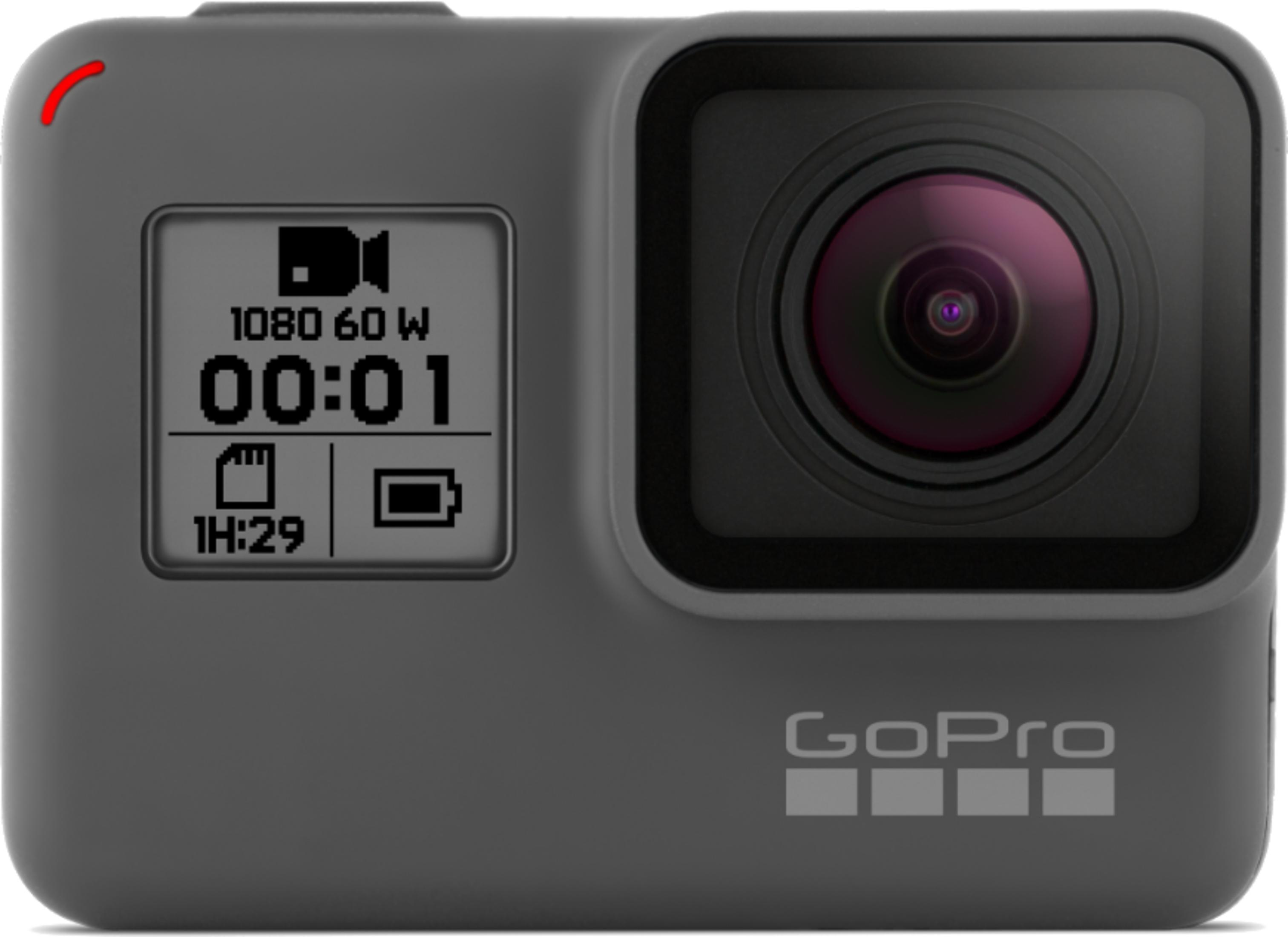 Graue GoPro-Kamera mit Blick auf das Objektiv und das Display, das 1080 60 aufzeichnet.