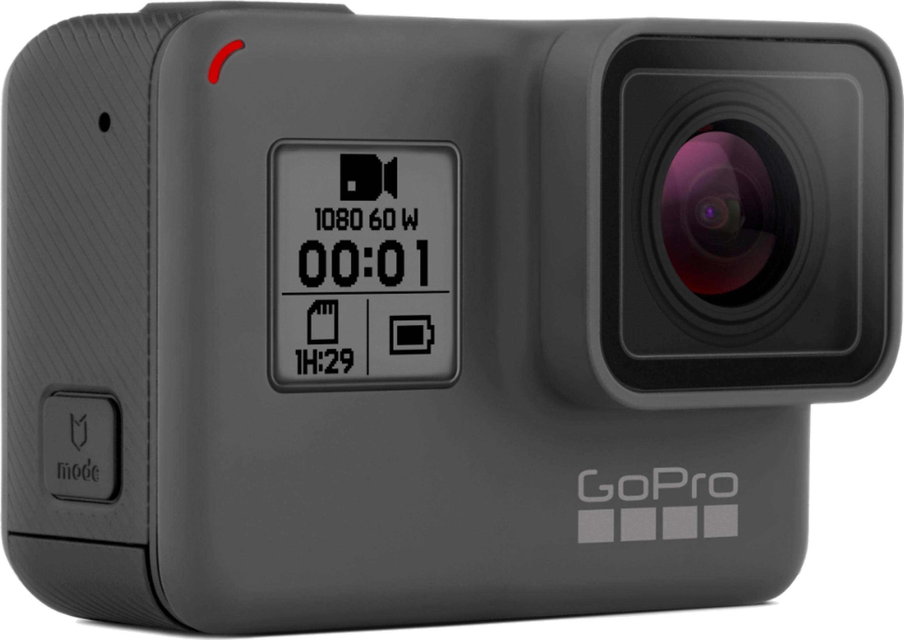Graue GoPro-Kamera mit rotem Lämpchen und Display, das 1080 60W anzeigt.