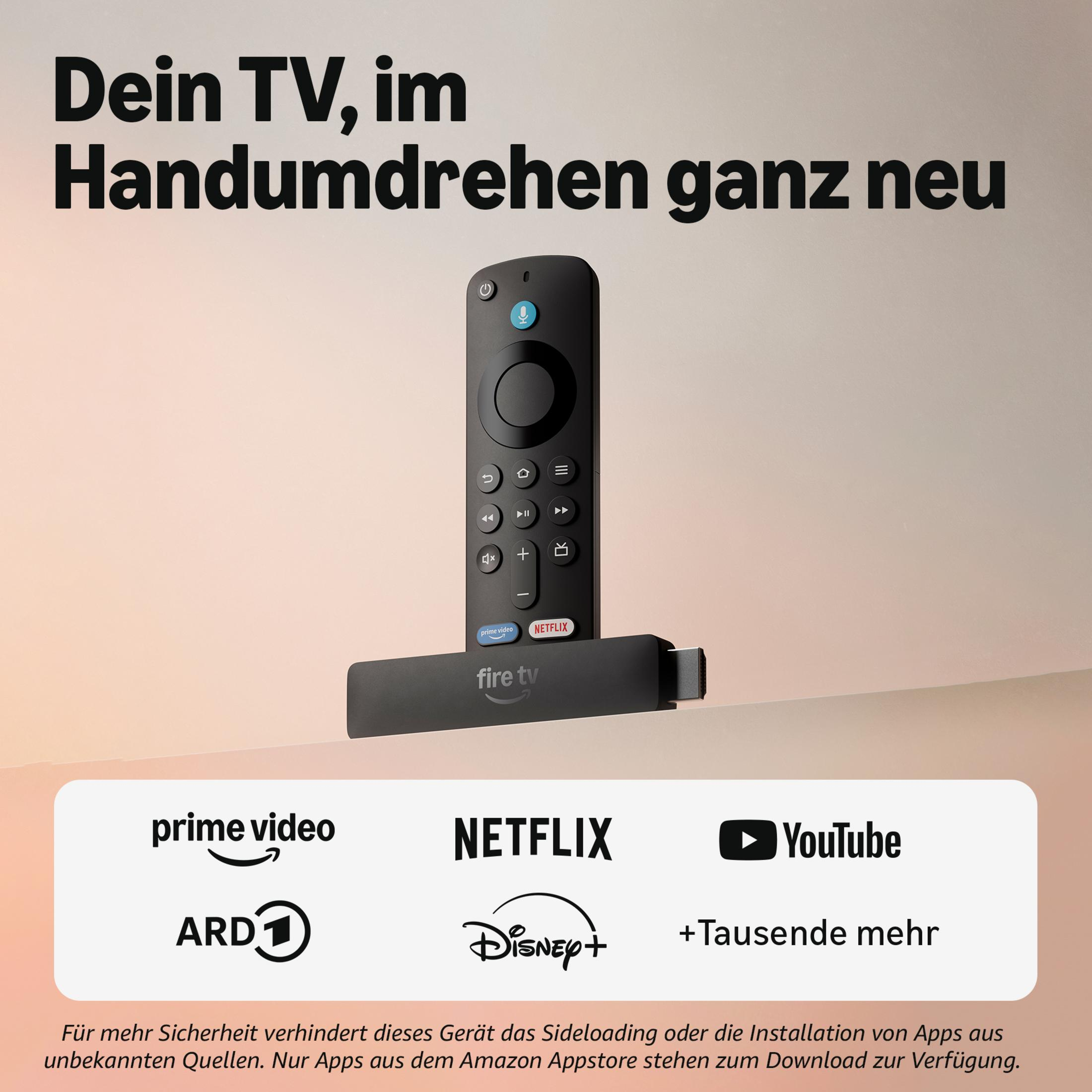 Un Fire TV Stick nero con telecomando e loghi di app.