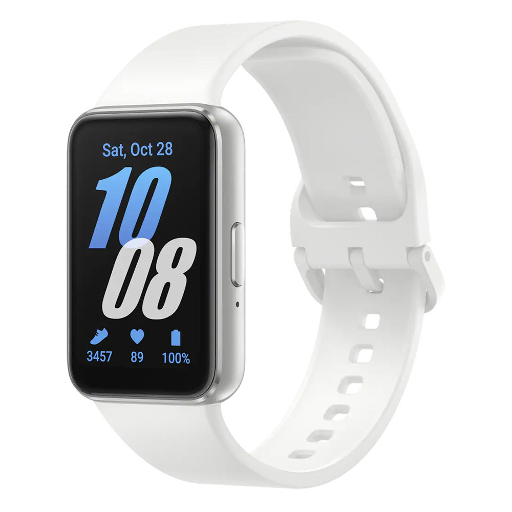 Smartwatch bianco con schermo rettangolare che mostra ora e dati fitness.