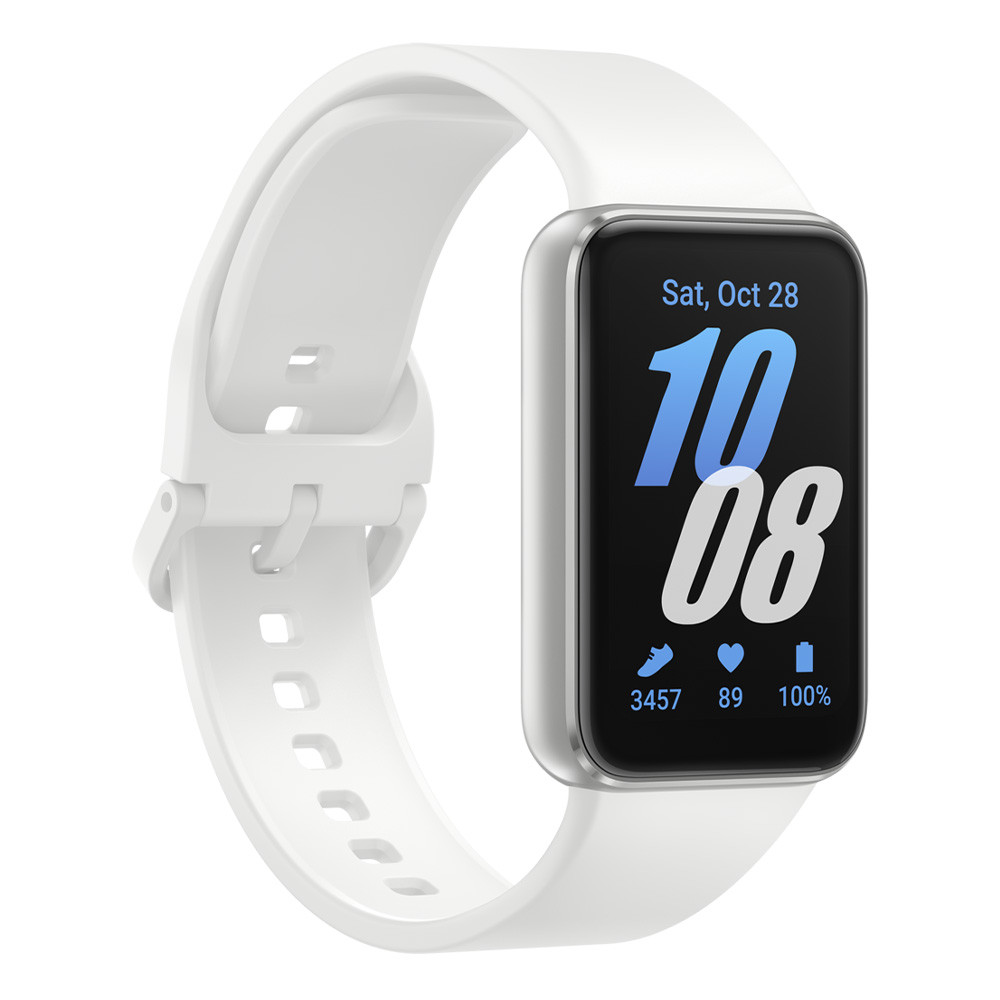 Smartwatch bianco con ghiera argentata che mostra ora, data, passi, battito cardiaco e batteria.