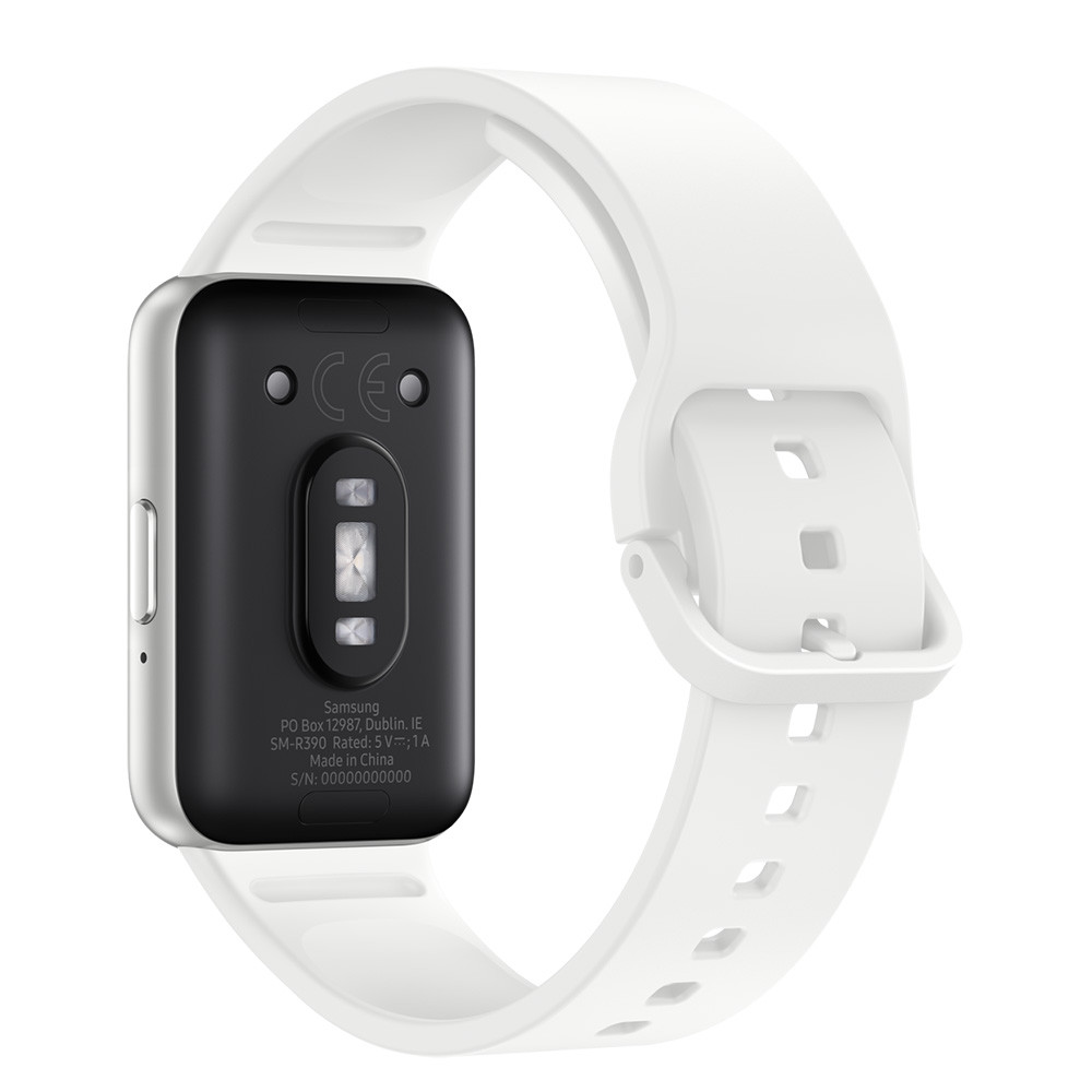 Cinturino bianco per smartwatch e retro con logo Samsung, modello SM-R390.