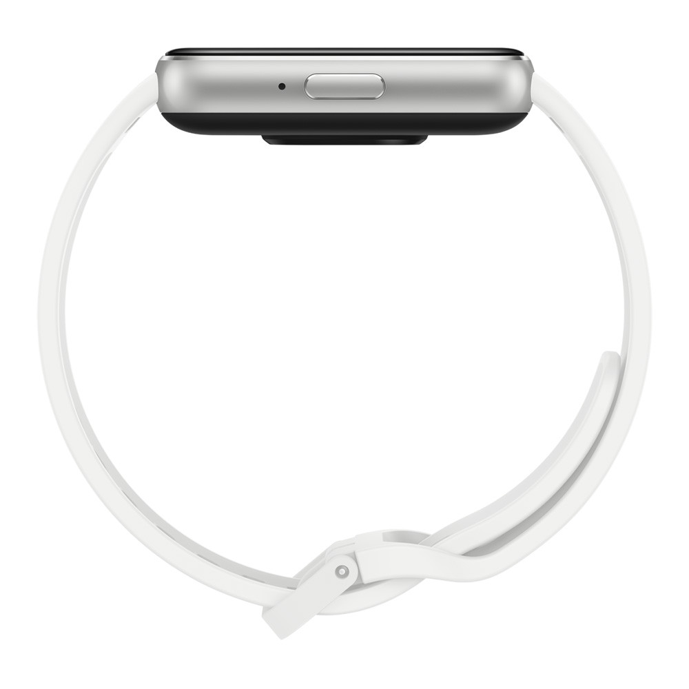 Uno smartwatch argentato con cinturino bianco, vista laterale.