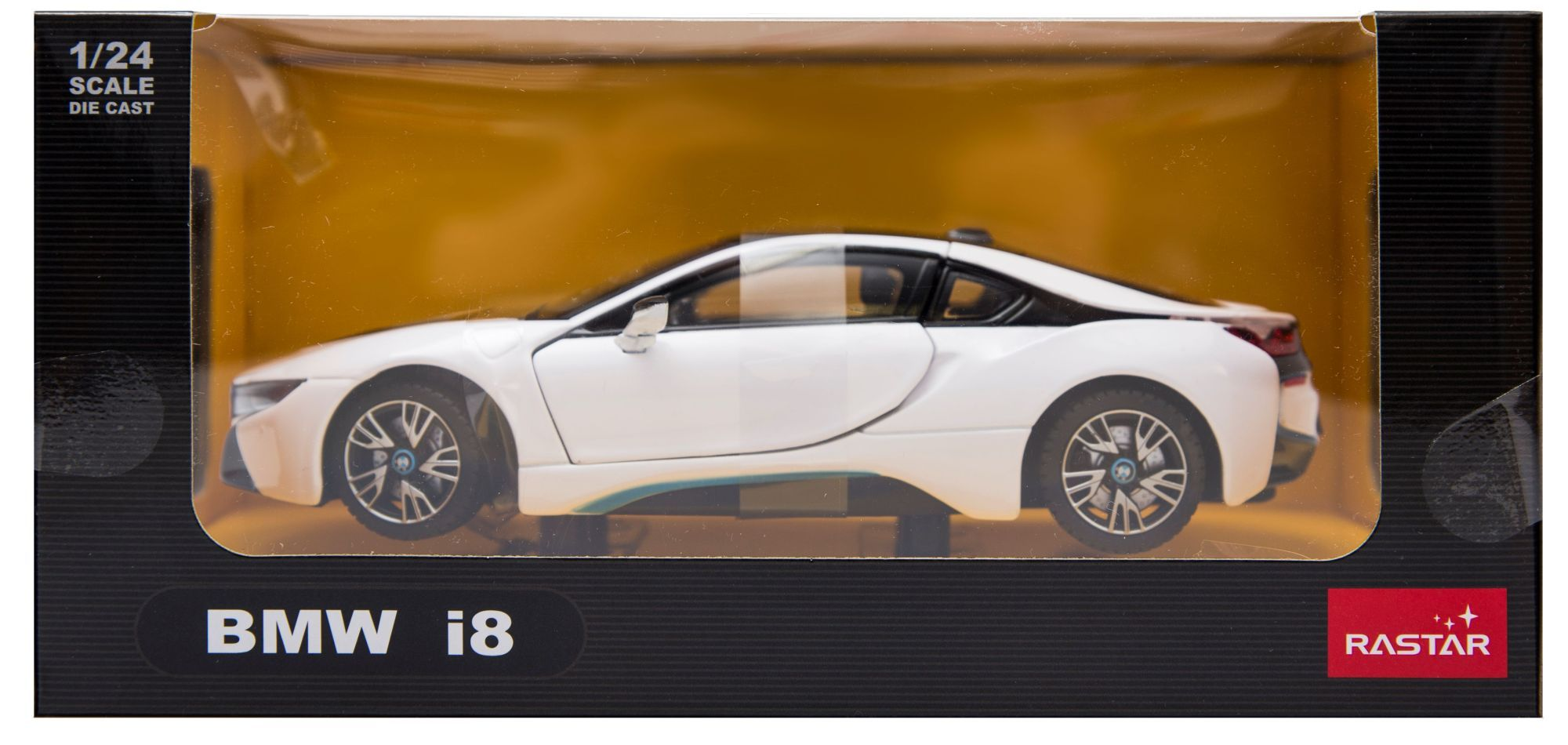 Biały model samochodu BMW i8 w skali 1/24 w opakowaniu.