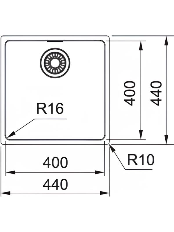 400x440 mm boyutlarında ve yarıçaplara sahip lavabo teknik çizimi.