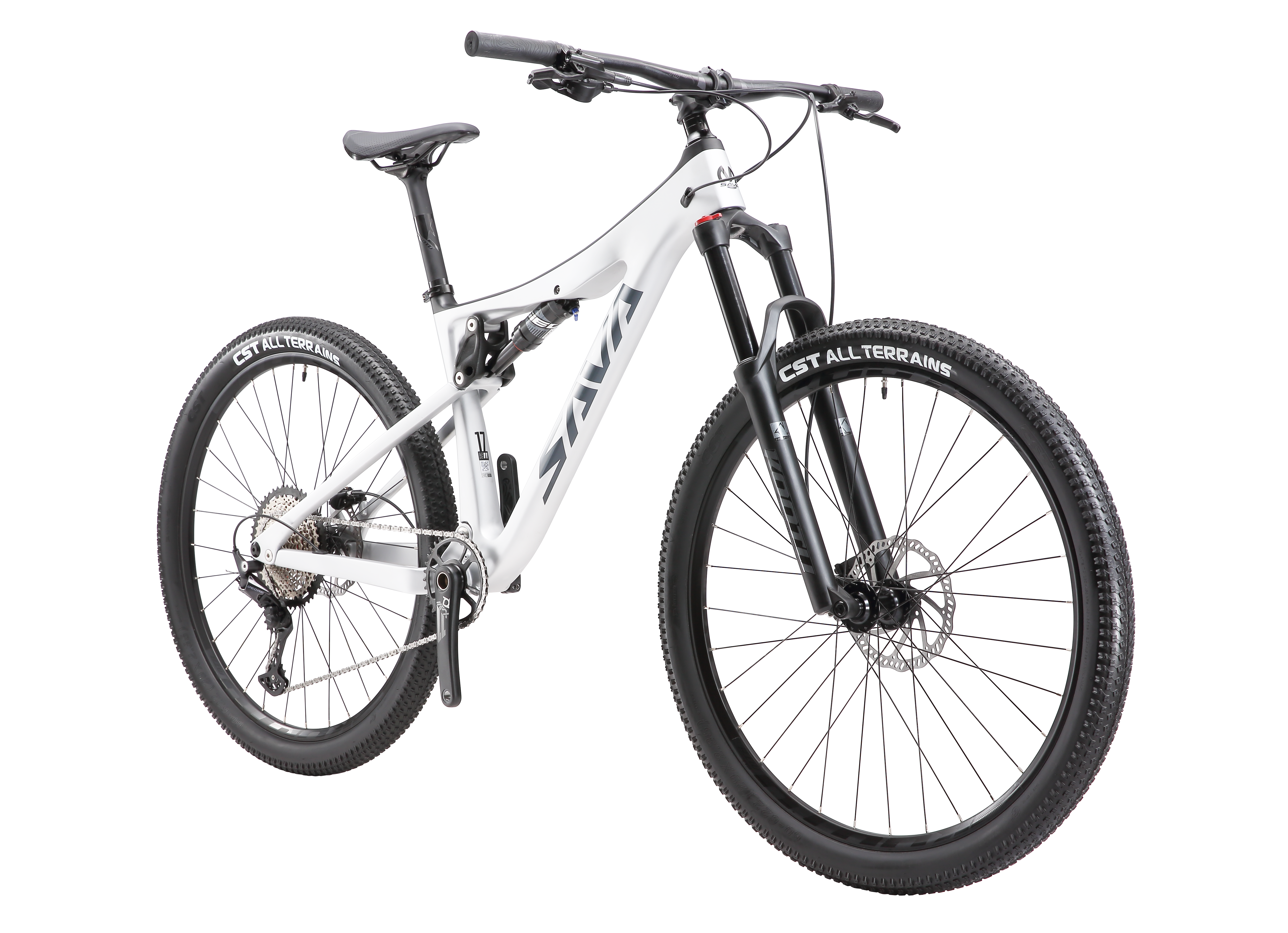 Ein weißes Mountainbike mit schwarzen Reifen und Felgen auf schwarzem Hintergrund.