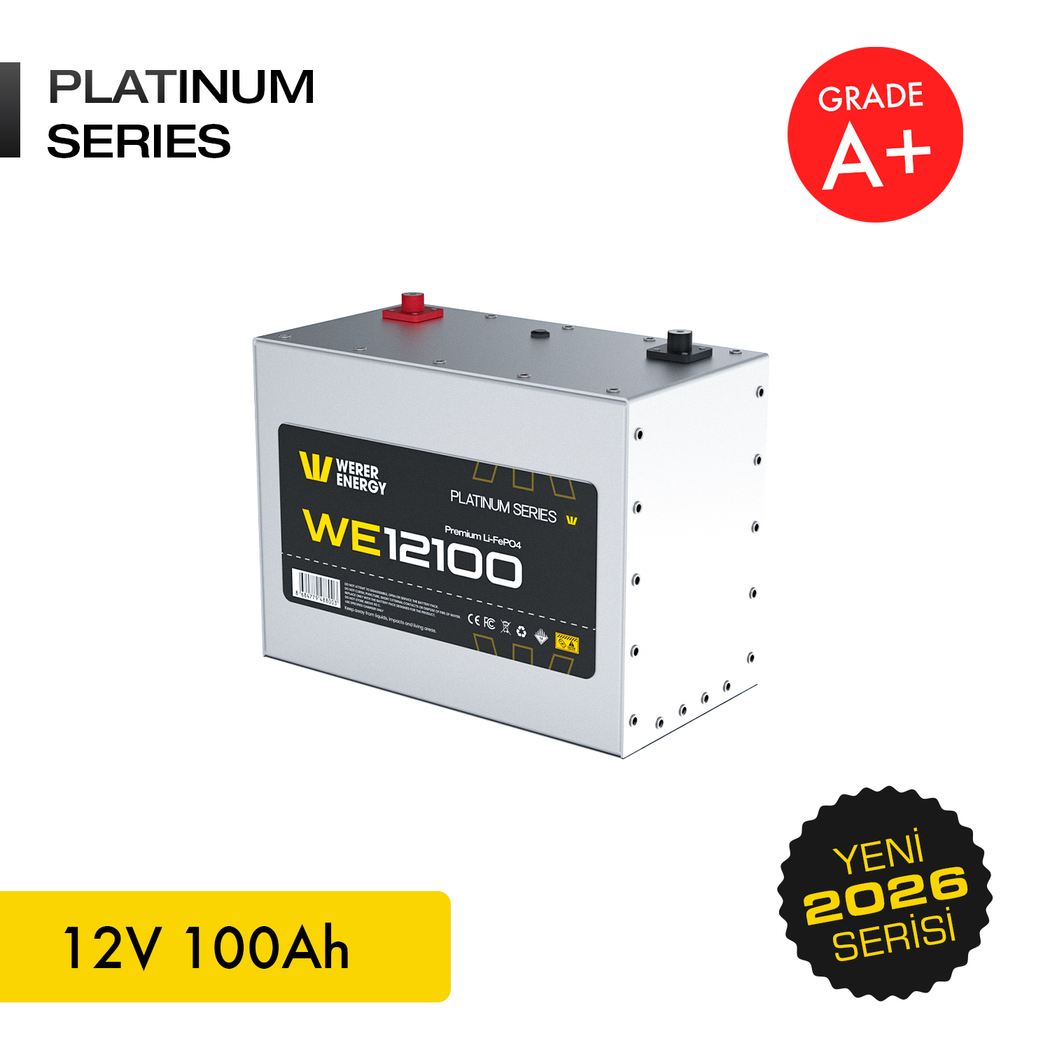 Gümüş 12V 100Ah Platinum Serisi akü, kırmızı ve siyah terminallere sahip.