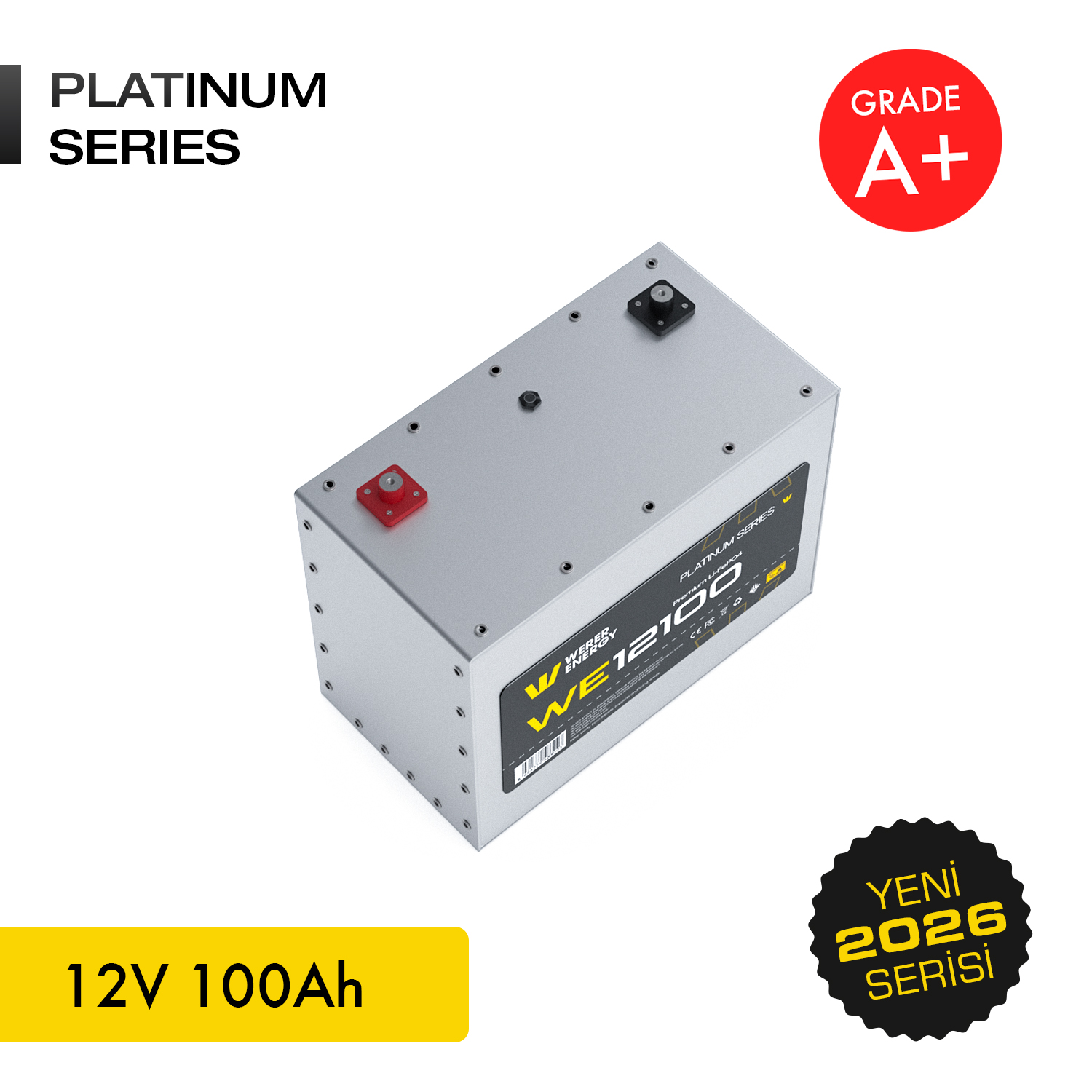 Kırmızı ve siyah terminalli gümüş renkli akü, 12V 100Ah.