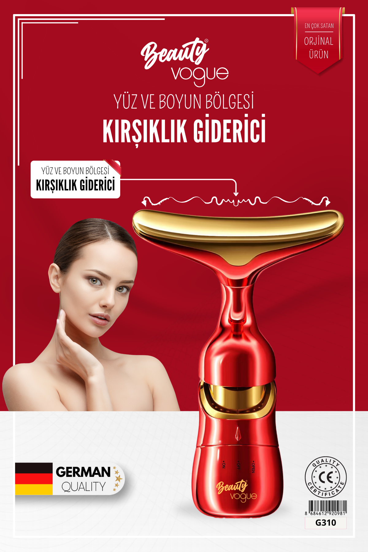 Kadın model ve Alman kalite damgalı kırmızı Beauty Vogue yüz ve boyun kırışıklık giderici.