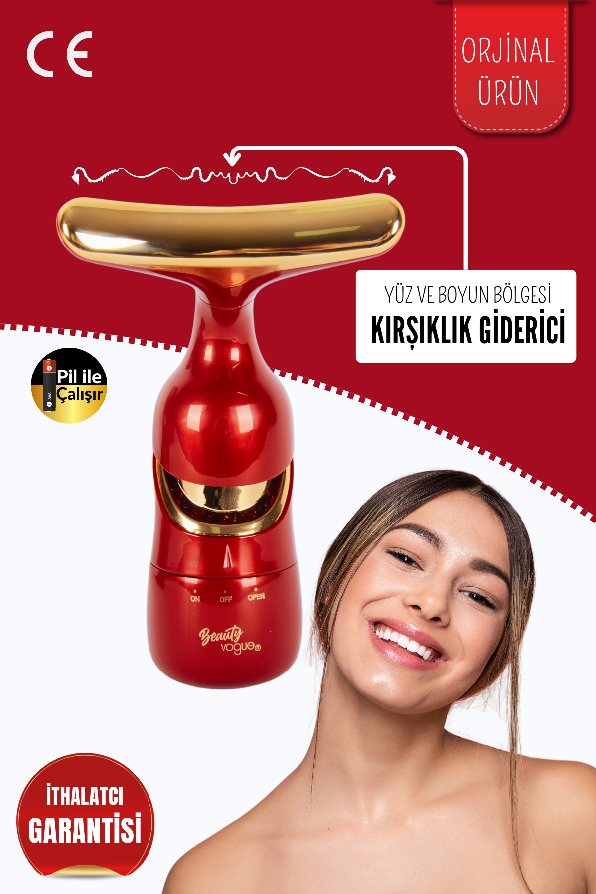 Altın uçlu kırmızı cilt bakım cihazı, CE işareti, gülümseyen kadın.