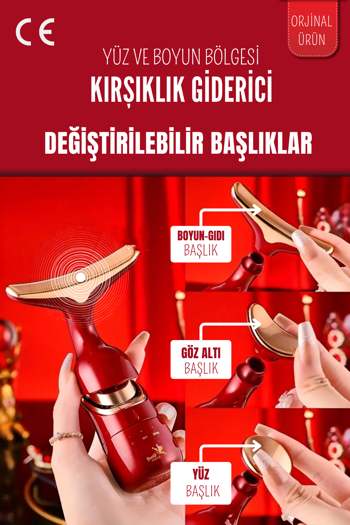 Yüz, boyun ve göz altı bölgeleri için değiştirilebilir başlıklı kırmızı cilt bakım cihazı.