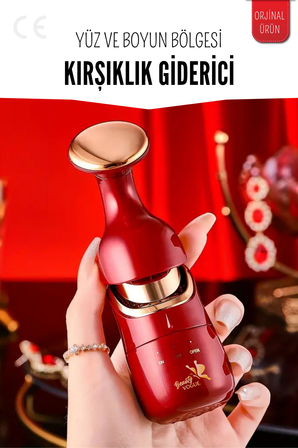 Altın aksesuarlı kırmızı yüz ve boyun masaj aleti.