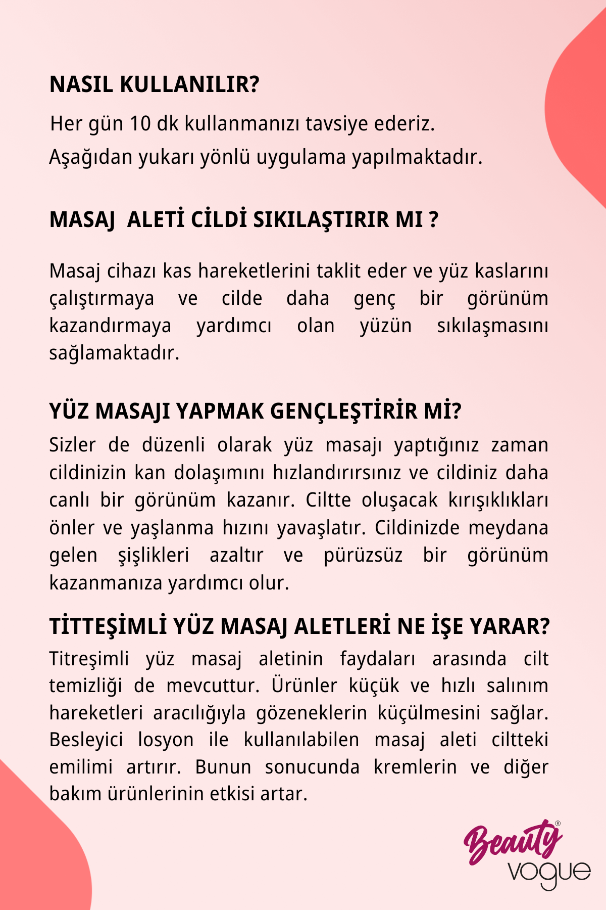 Yüz bakımı, uygulama ve masaj aletlerinin faydaları hakkında metin.