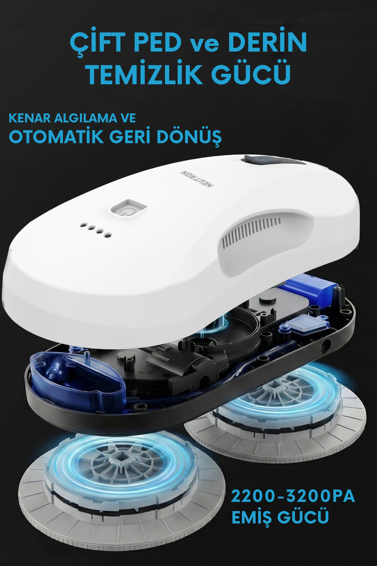 Mavi ışık efektleriyle iç bileşenlerini gösteren beyaz bir robot süpürge.