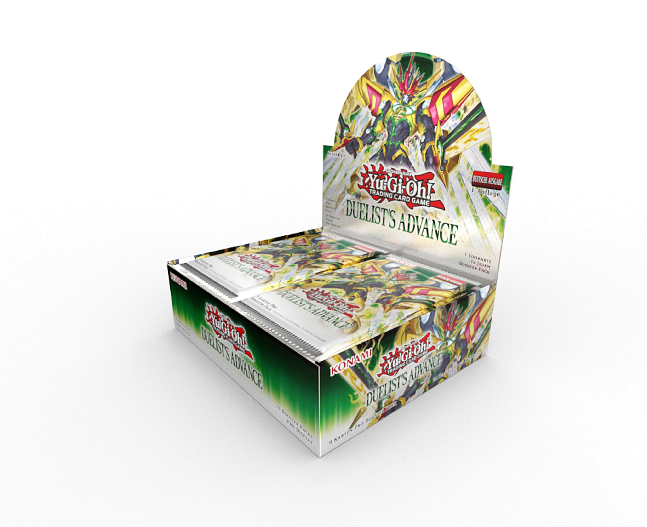 Eine Yu-Gi-Oh! Duelist's Advance Booster Box mit grünen und goldenen Akzenten.