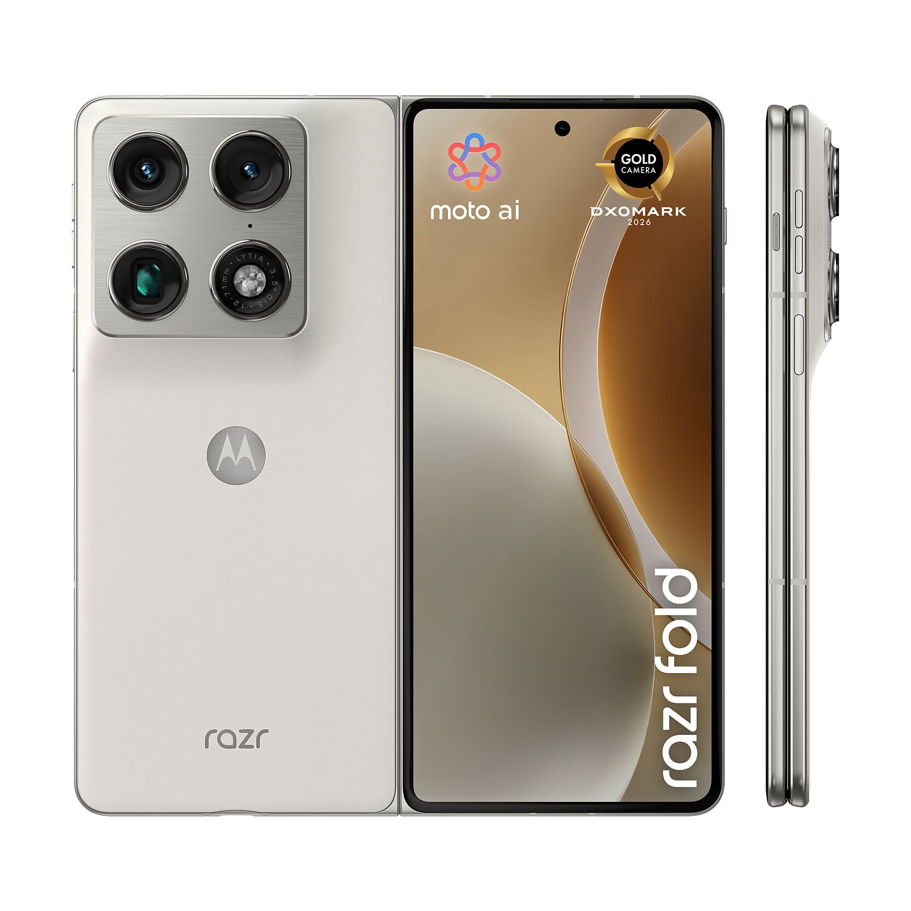 Un telefono Motorola Razr Fold chiaro, aperto e chiuso, con quattro fotocamere.