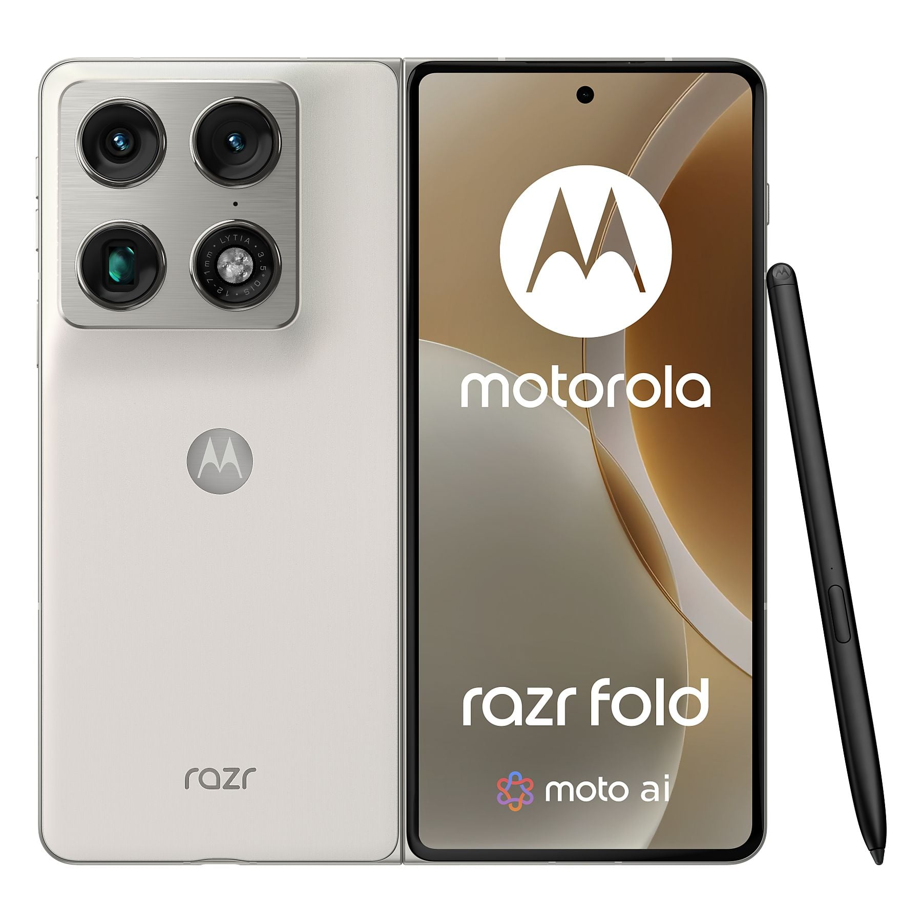 Un telefono Motorola Razr pieghevole bianco con stilo. Il retro mostra quattro fotocamere e il logo Motorola.