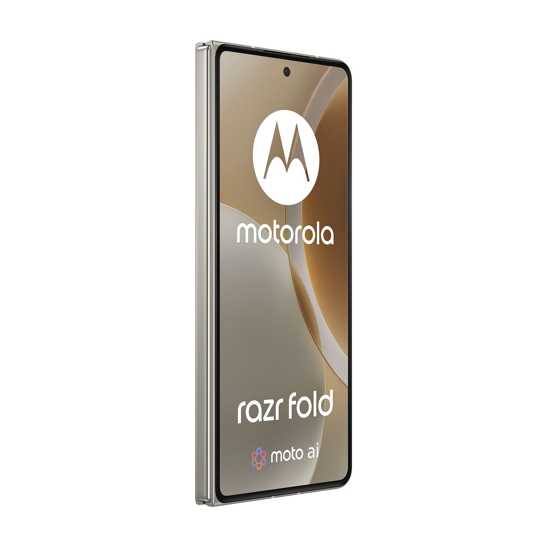 Uno smartphone Motorola Razr Fold argentato, in piedi, con logo e testo.