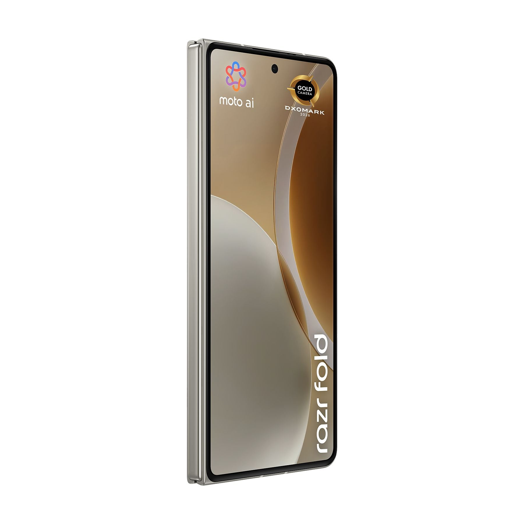 Un telefono pieghevole argentato chiuso con "razr fold" visualizzato sullo schermo.