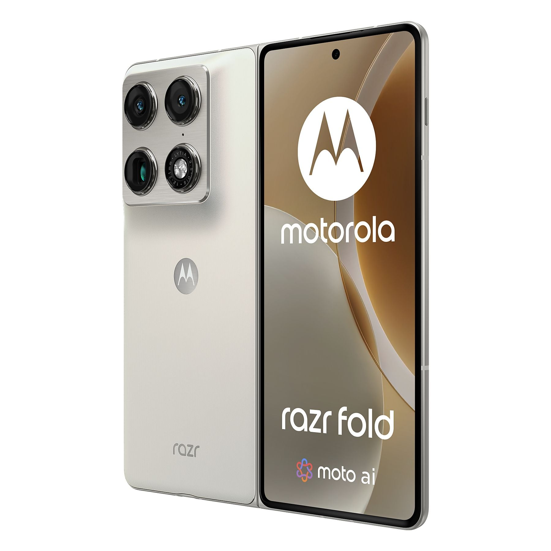 Uno smartphone Motorola Razr Fold argentato, aperto, mostra le fotocamere sul retro.