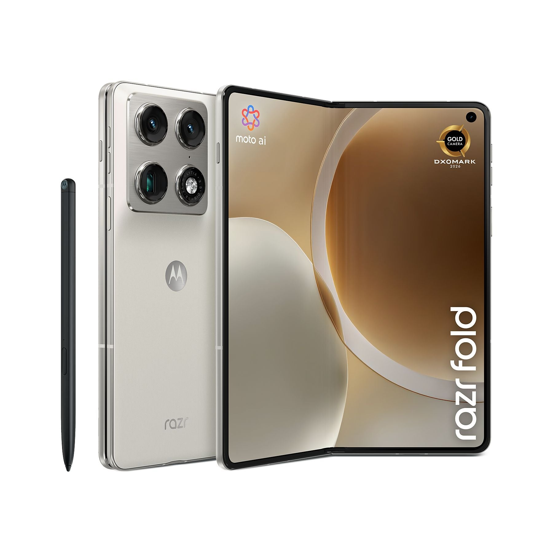 Un telefono Motorola Razr argentato pieghevole con stilo. Aperto, mostra lo schermo.