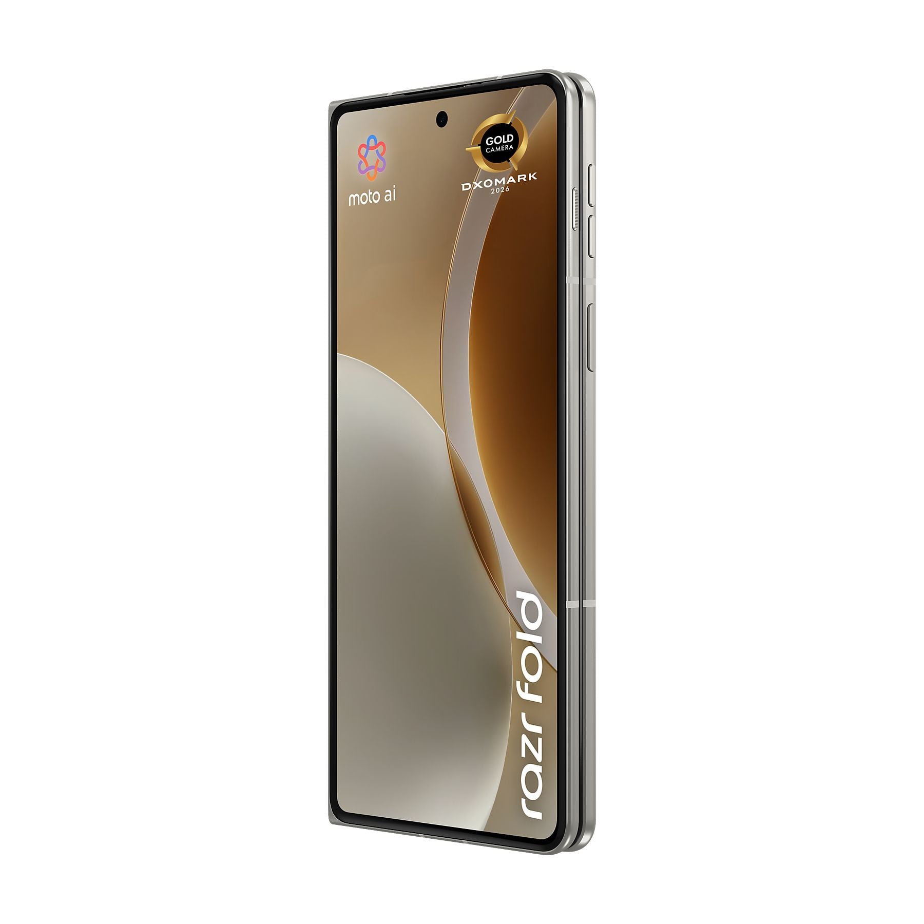 Uno smartphone pieghevole Motorola Razr argentato mostrato di lato con display acceso.