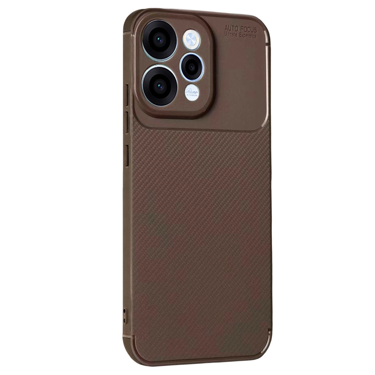 Kamera lensli ve yazılı kahverengi telefon kılıfı.