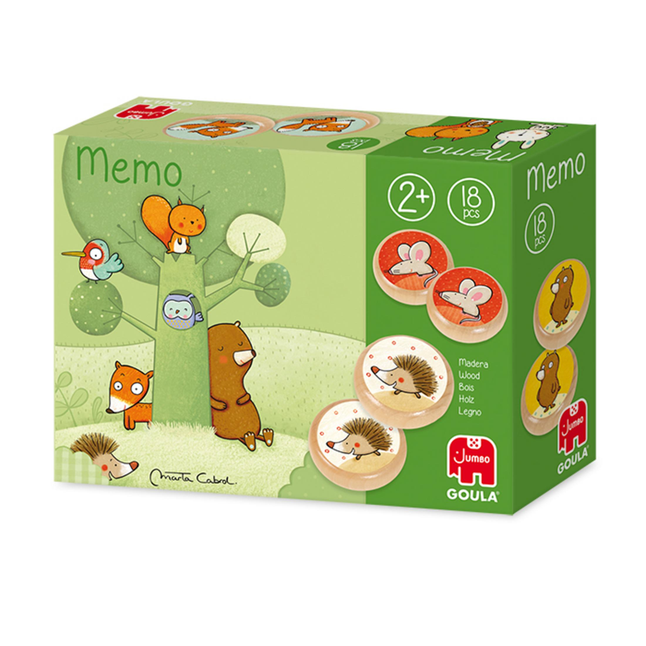 Caja de juego de memoria verde con animales del bosque y fichas.