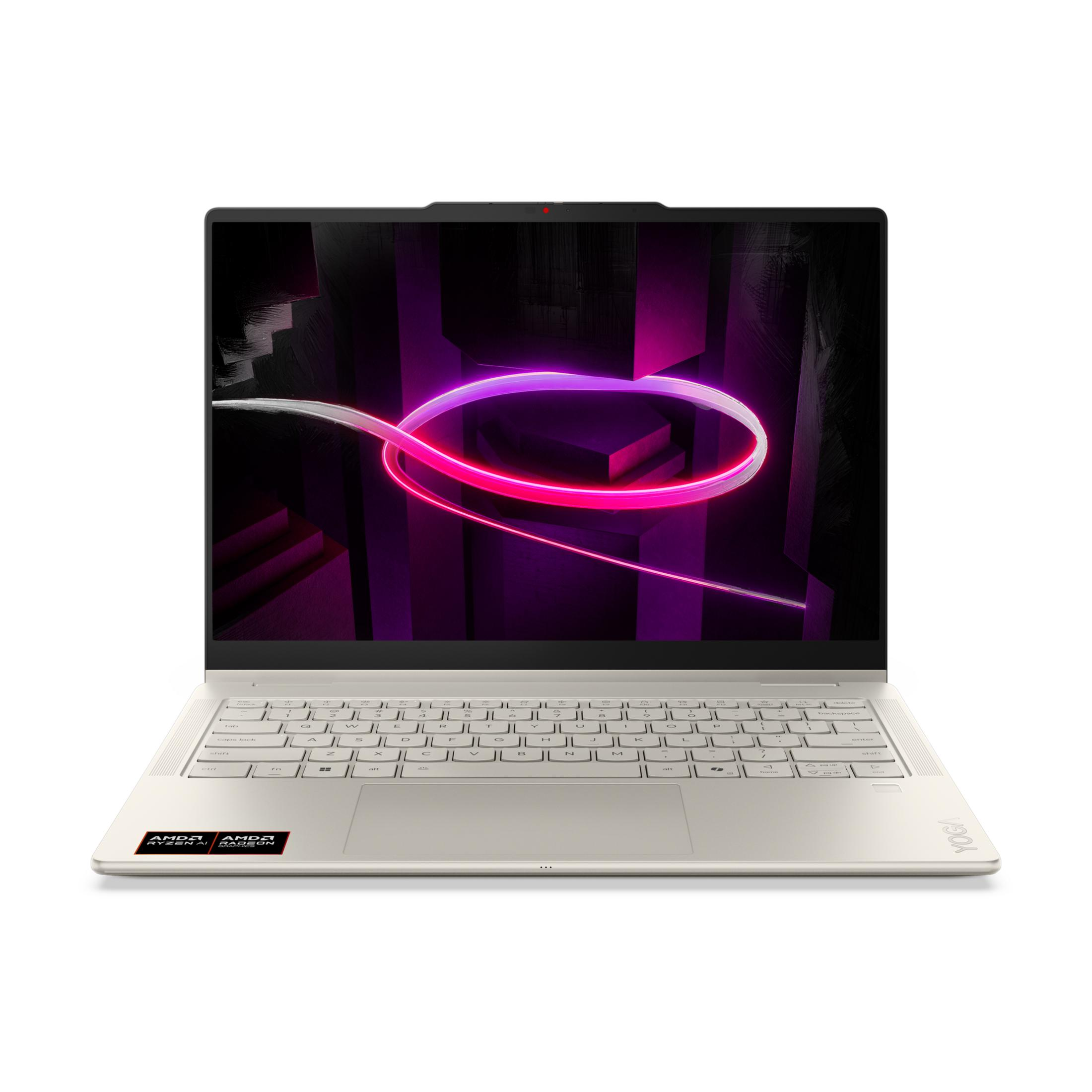 Ein hellbeiger Laptop mit beleuchteter Tastatur und einem violetten, abstrakten Hintergrund.