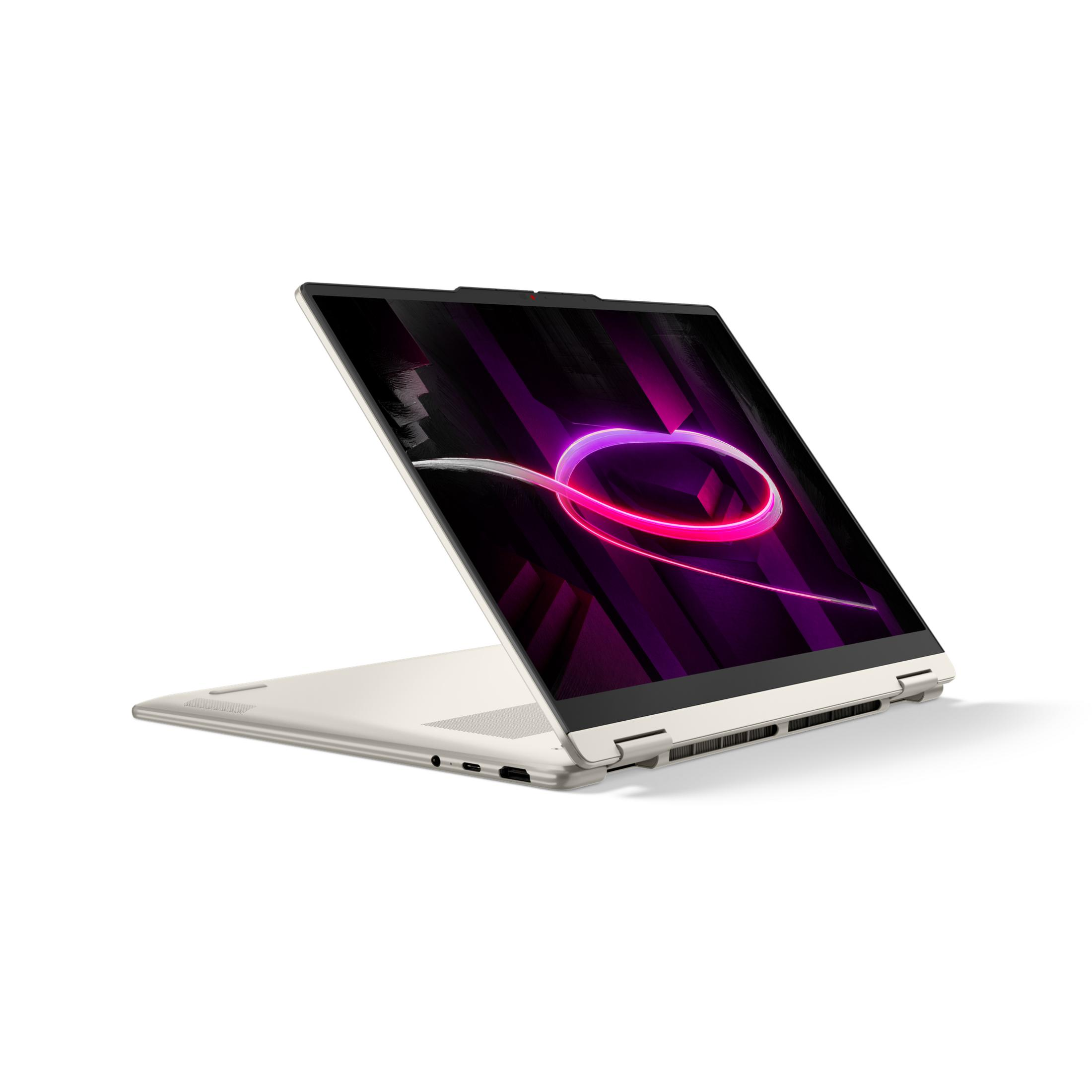 Ein hellbeiger Laptop mit geöffnetem Bildschirm und leuchtendem pinkem Herz-Symbol.