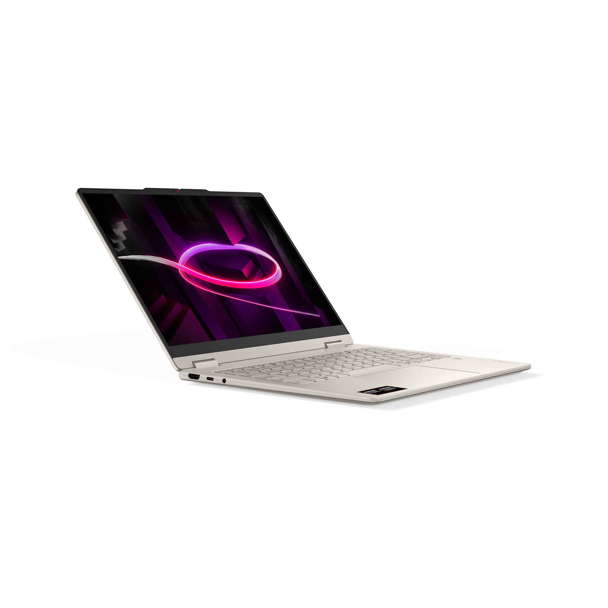 Ein geöffneter, heller Laptop mit einem lila und pinken Design auf dem Bildschirm.