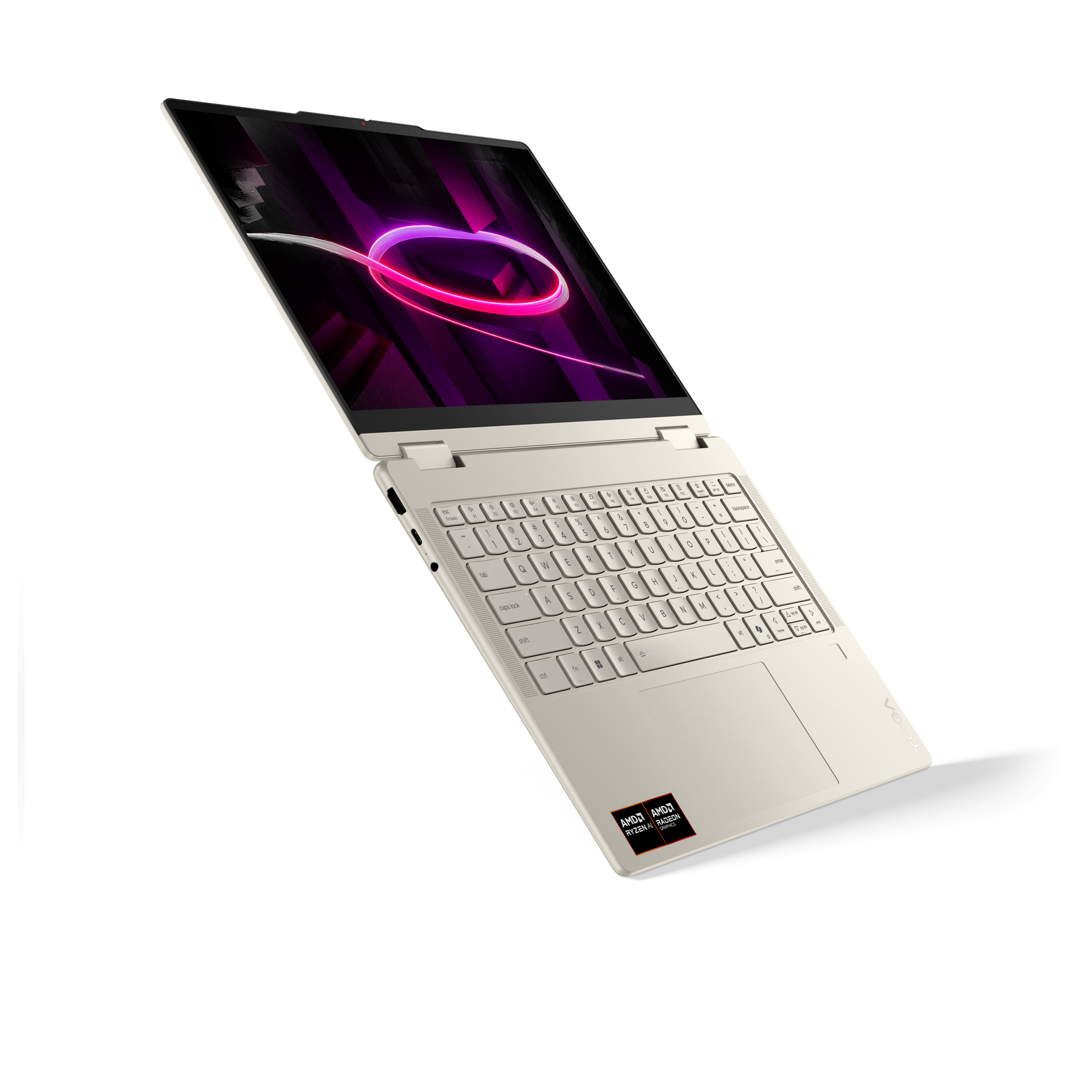 Ein hellbeiger Laptop mit geöffnetem Bildschirm, der ein lila Muster zeigt.