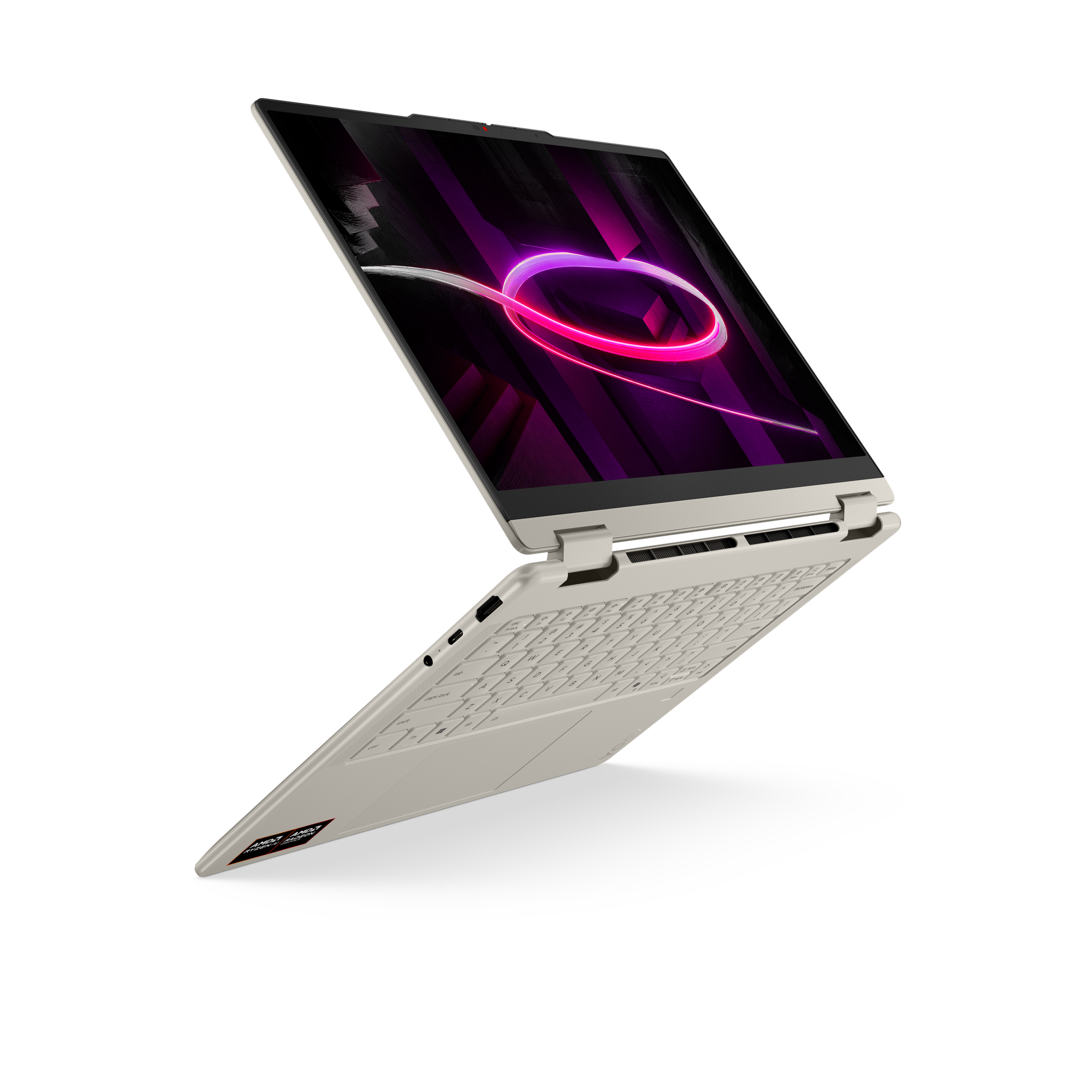 Ein hellbeiger Laptop mit geöffnetem Bildschirm, der ein lila-neonfarbenes Muster zeigt.