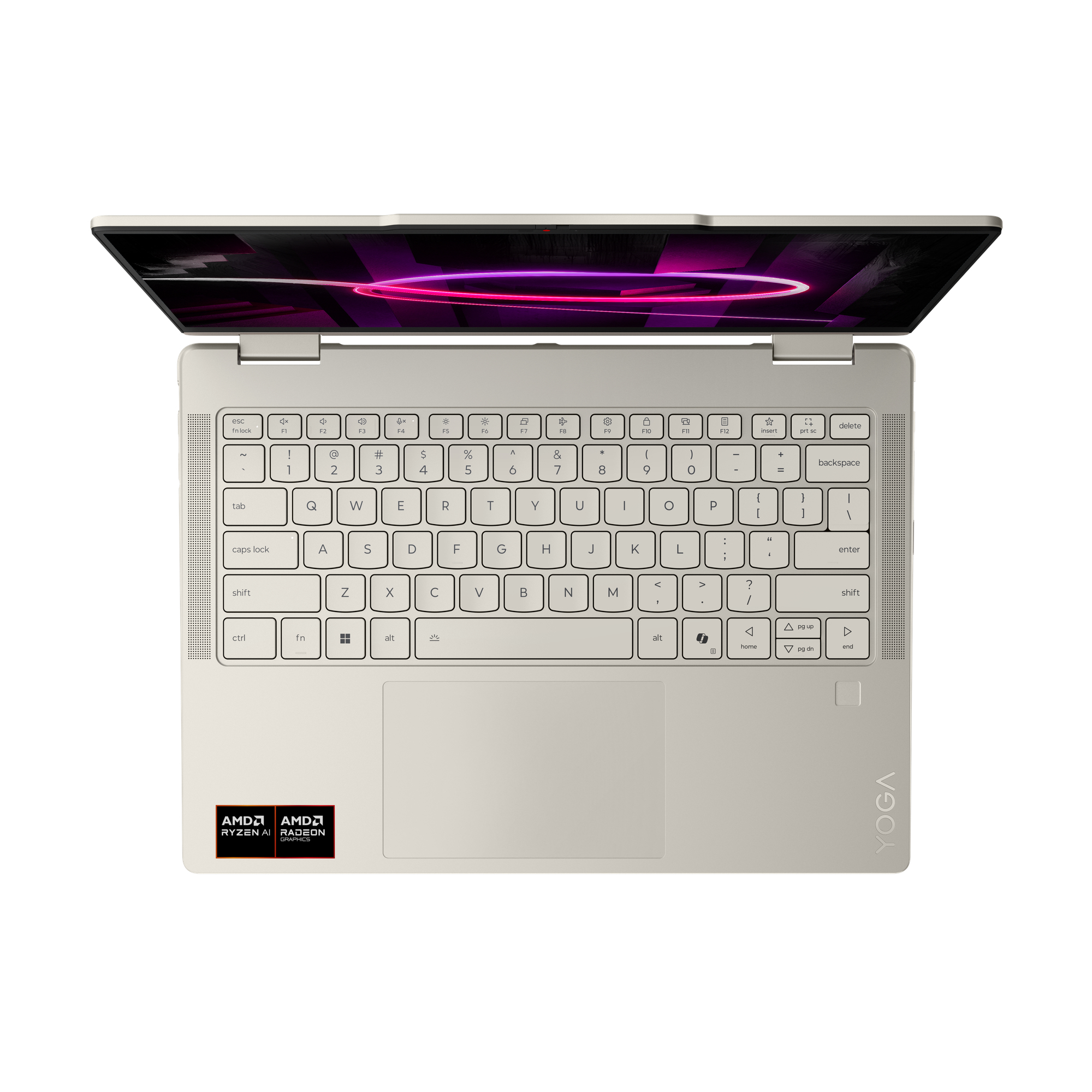 Ein hellbeiger Laptop mit geöffnetem Bildschirm, der eine bunte Grafik zeigt.