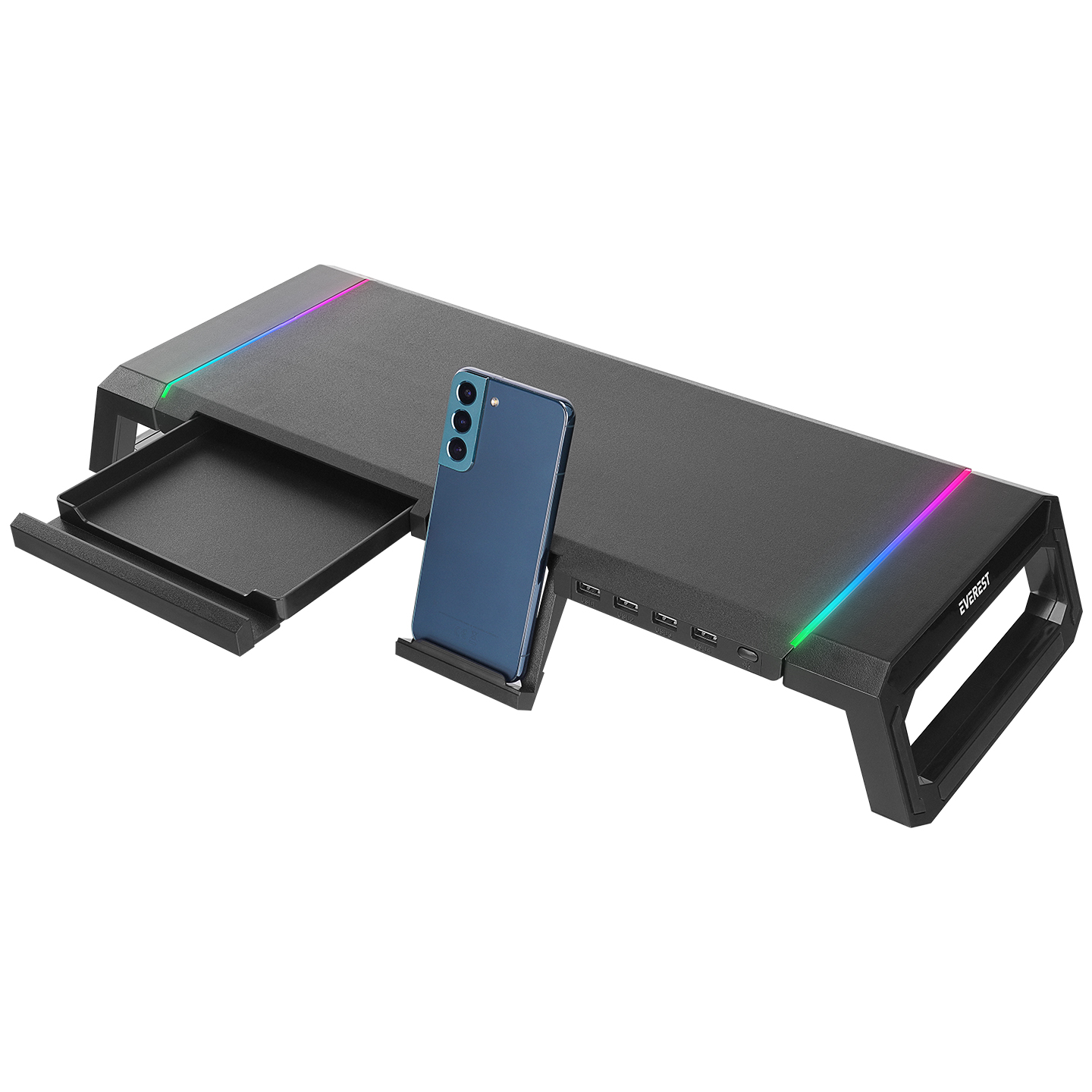 RGB aydınlatmalı, telefon yuvalı ve çekmeceli siyah monitör standı.
