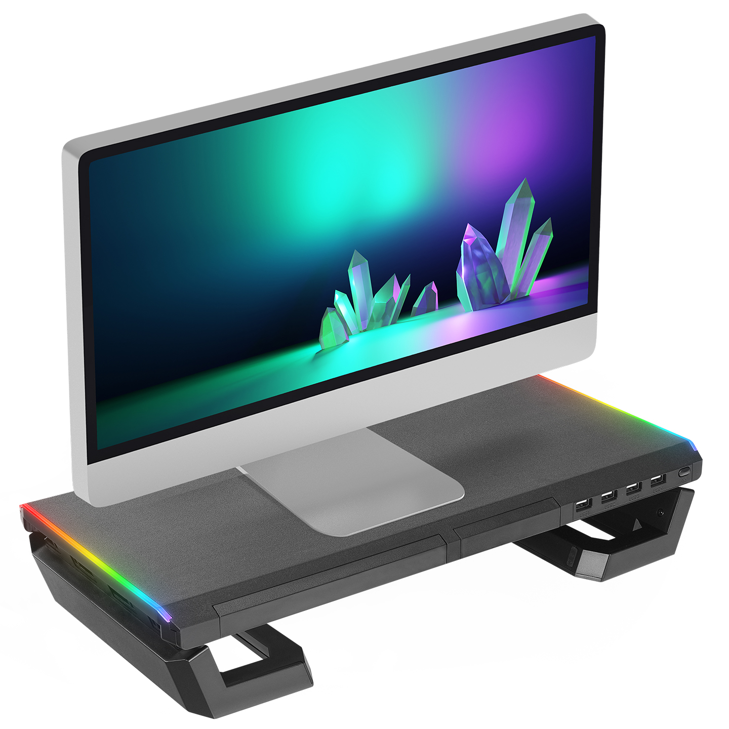 RGB aydınlatmalı siyah bir stand üzerinde bilgisayar monitörü. Ekran kristaller gösteriyor.