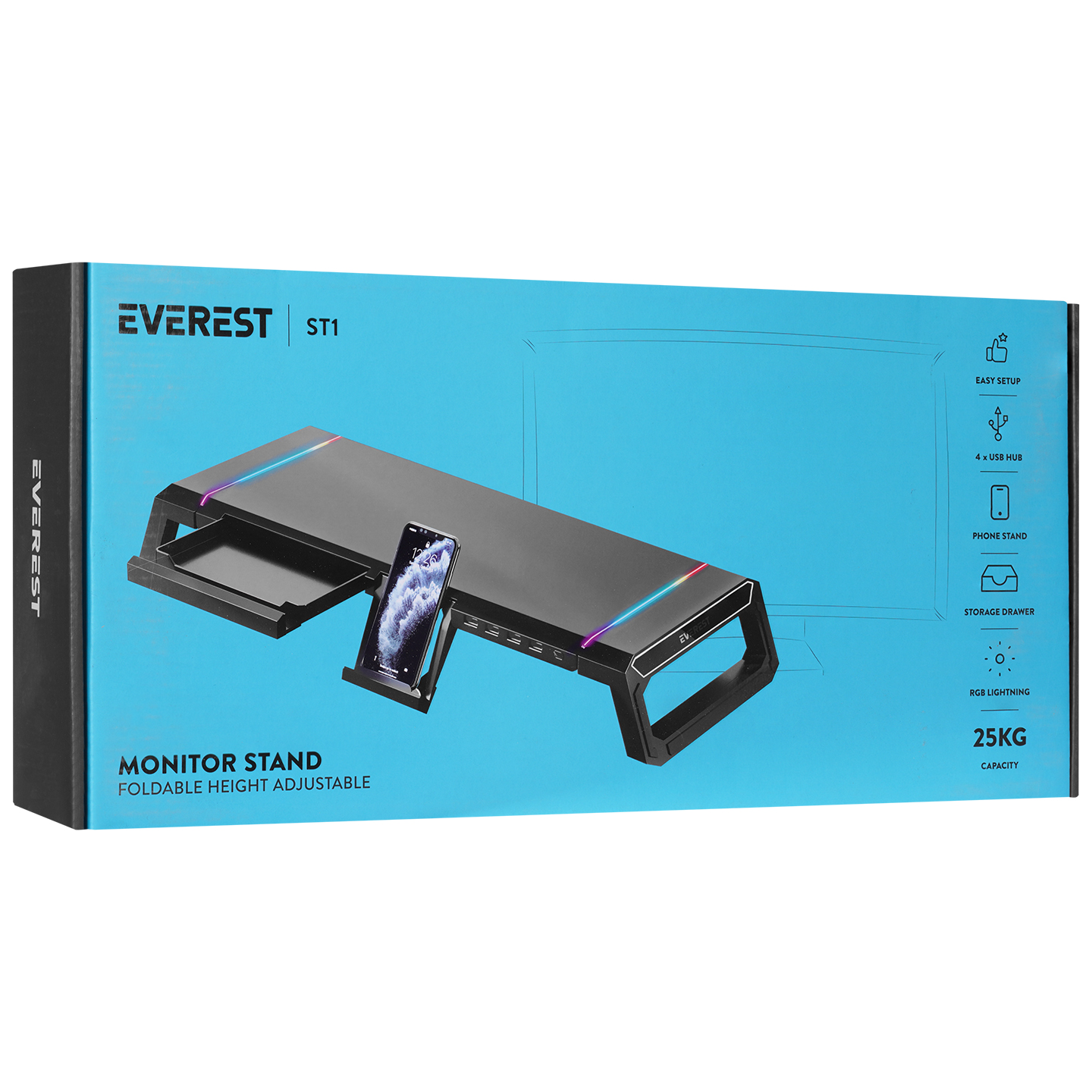 RGB aydınlatmalı, çekmeceli ve telefon tutuculu siyah monitör standı.