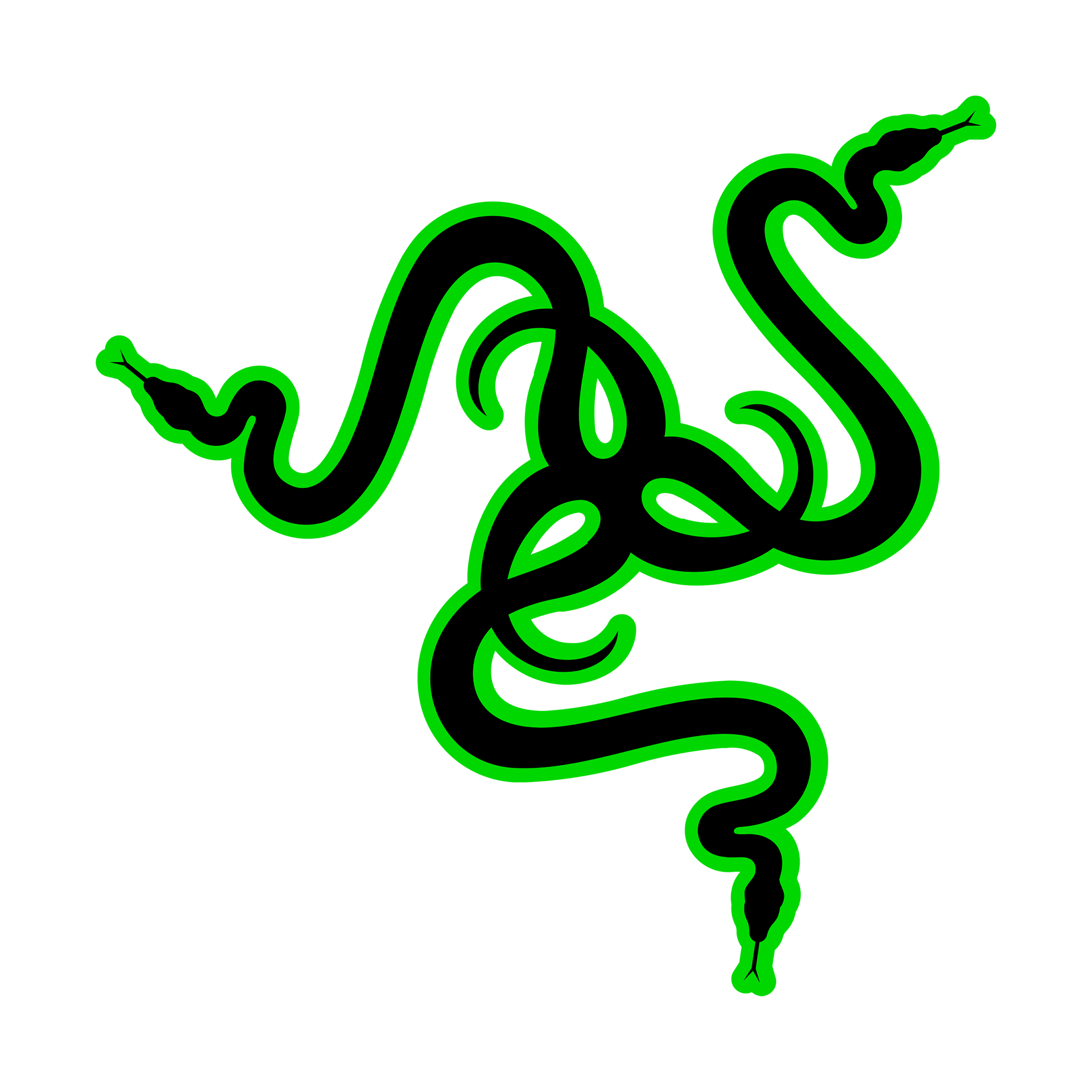 Serpenti neri con contorno verde formano un trifoglio su sfondo bianco.