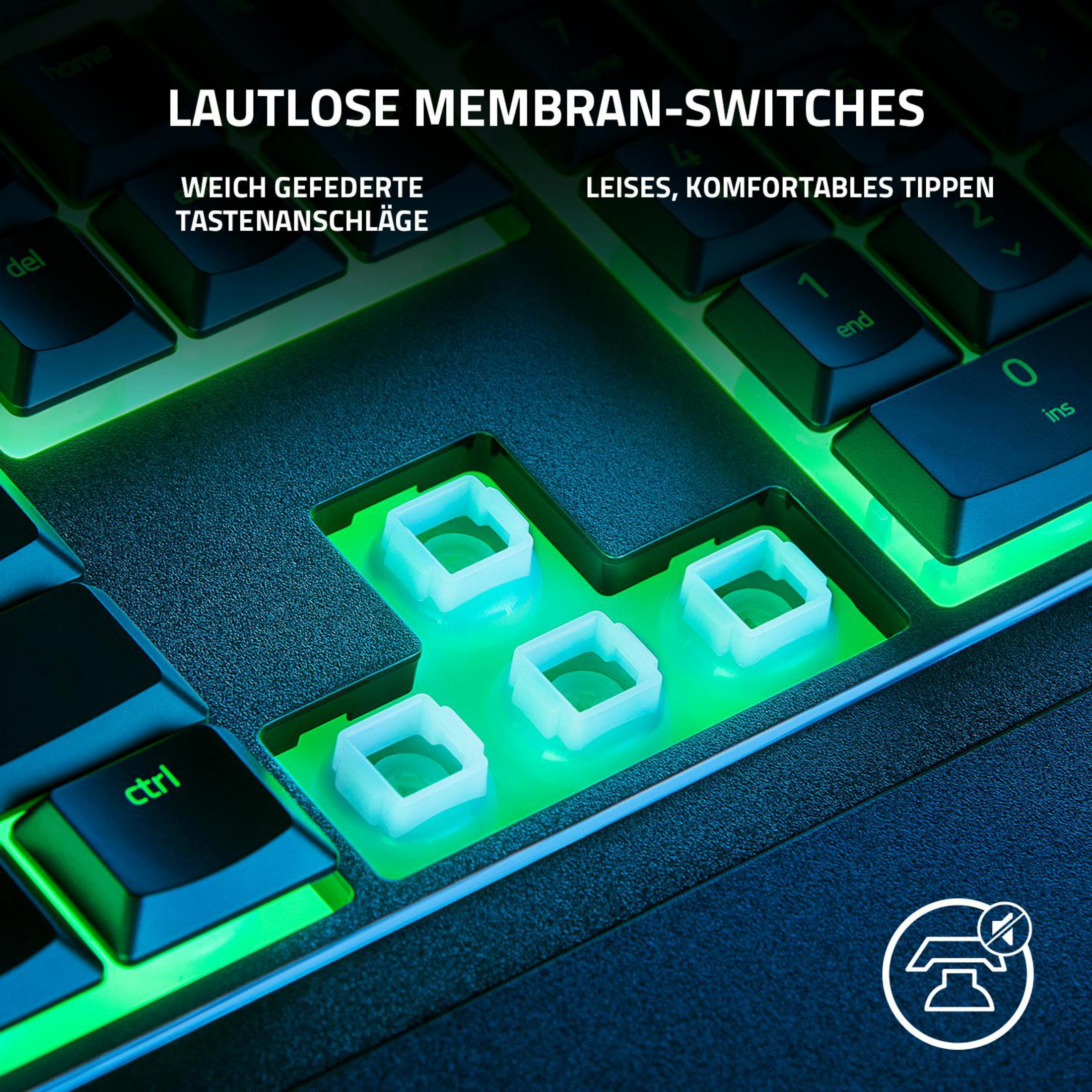 Primo piano di una tastiera con retroilluminazione verde e anelli degli interruttori bianchi.