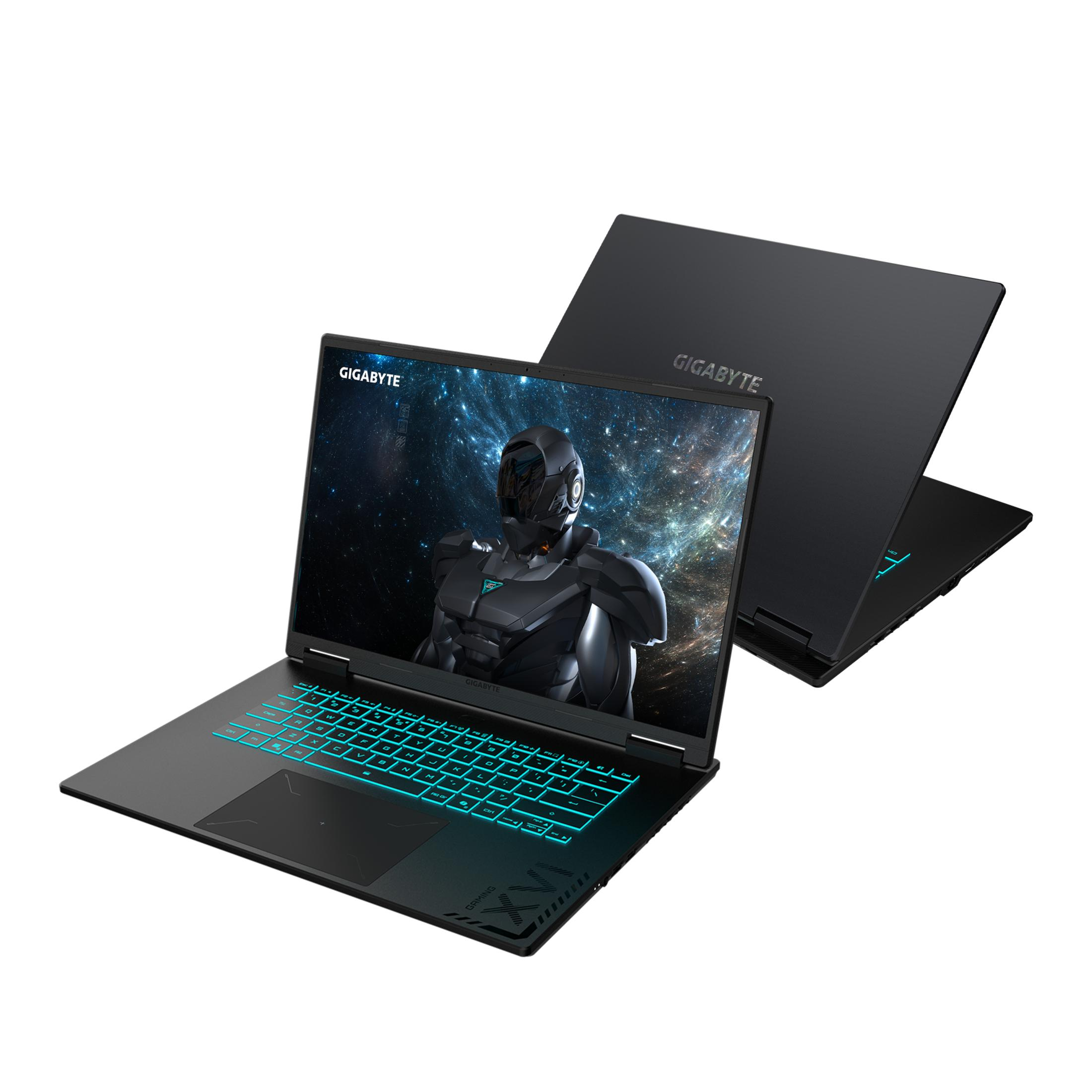 Portátil negro con teclas azul brillante y escena espacial en pantalla.