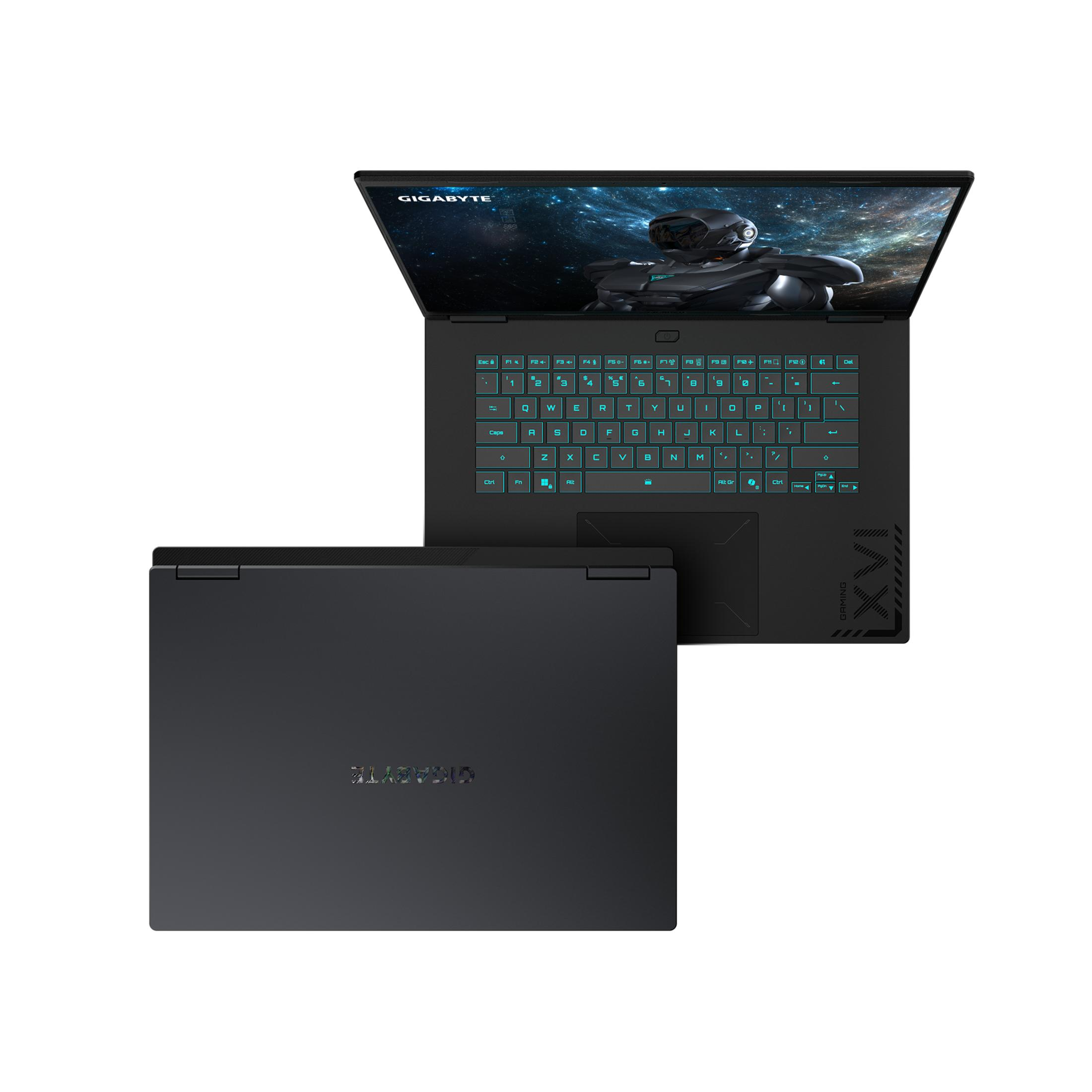 Portátil negro con teclado iluminado. Mostrado abierto y cerrado.