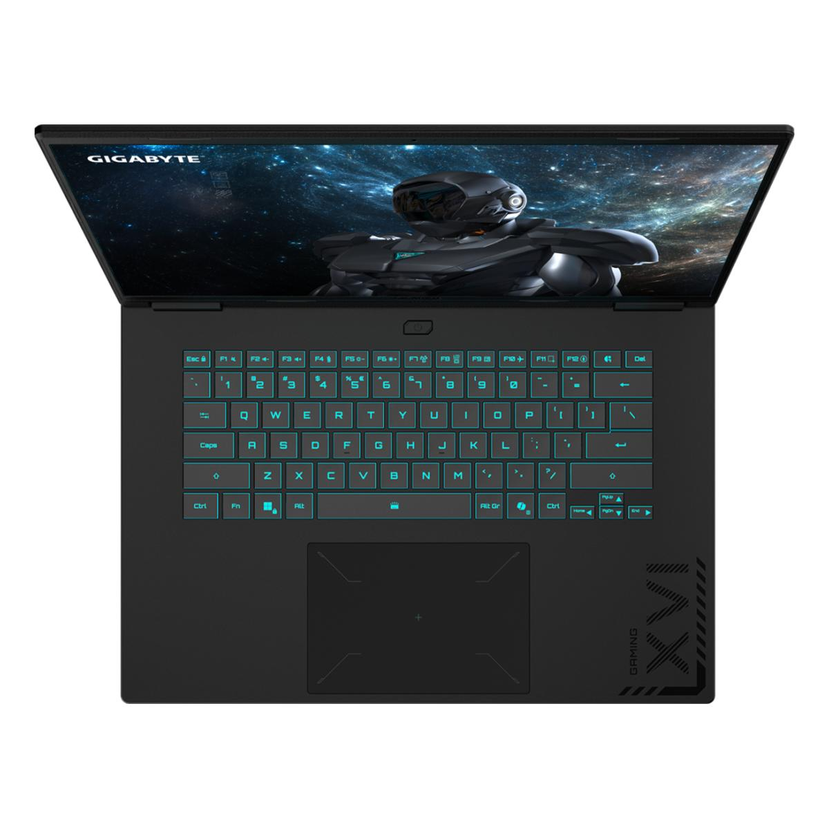 Un portátil negro con teclado iluminado y fondo espacial.